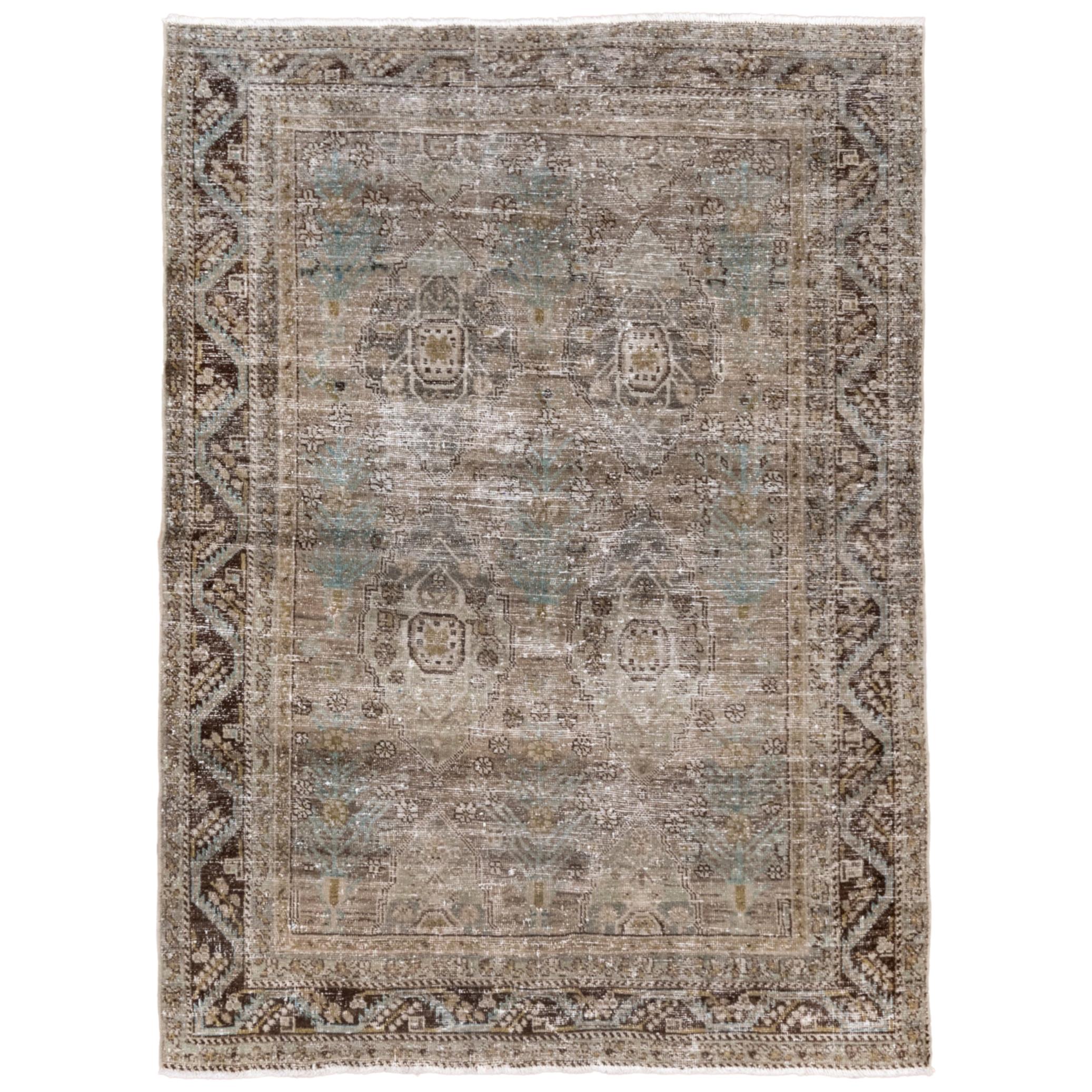 1920s Distressed Antique Turkish Sivas Rug, Earth Tones, Light Blue Accents For Sale