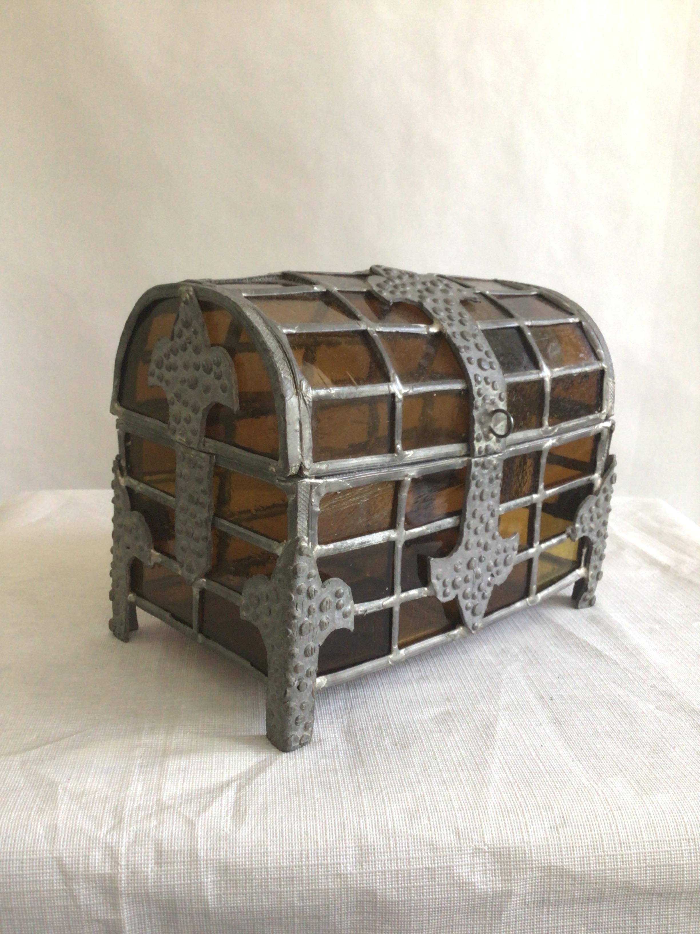 Hand-Crafted 1920s Domed Top Leaded Amber Glass Box For Sale