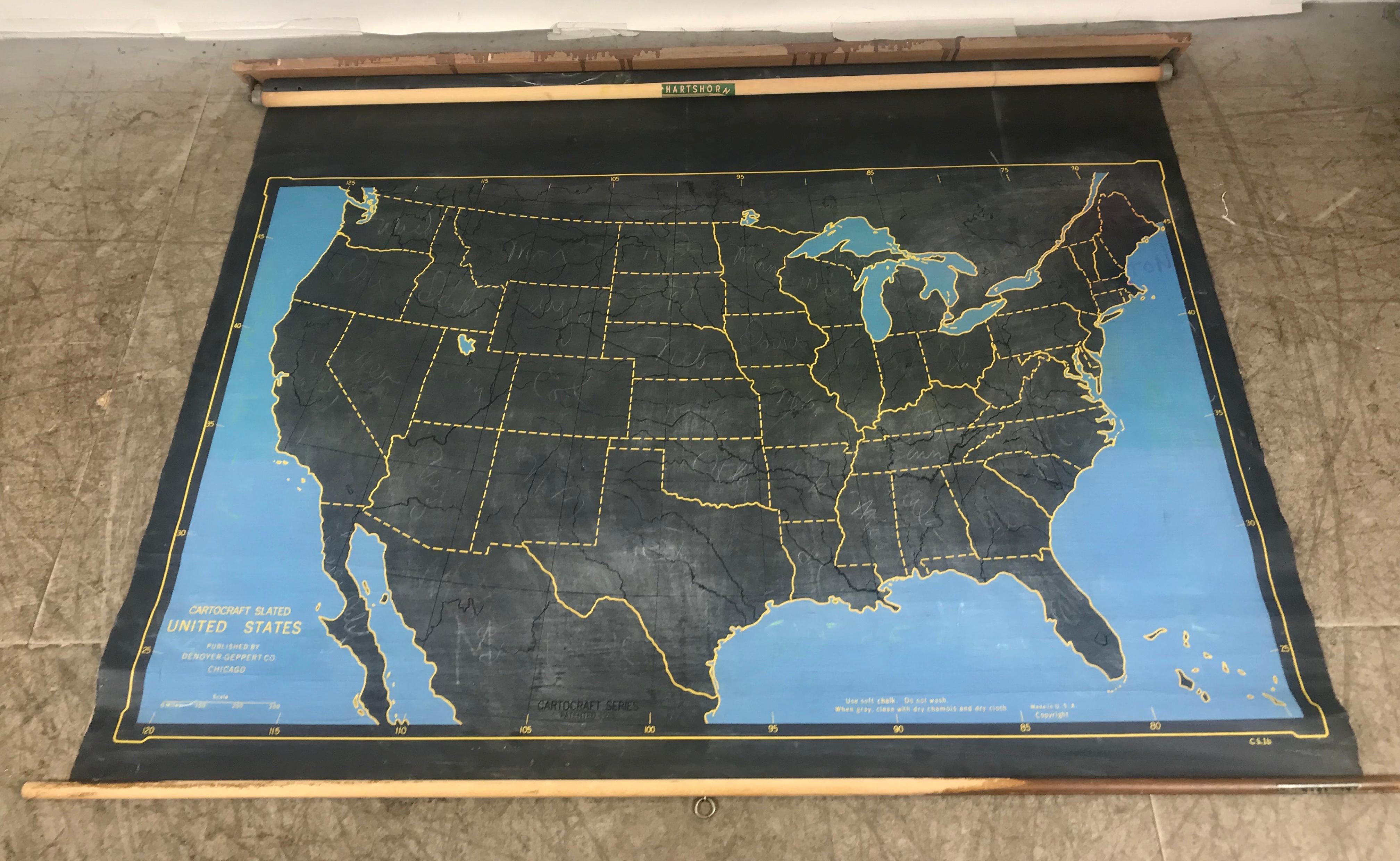 1920s Double Sided Cartocraft Slated School Map, One side depecting the United States, other side depecting the World, Made by Denoyer Geppert ,Pull down retractable, Slated material enables one to write on with chalk when using for teaching,.