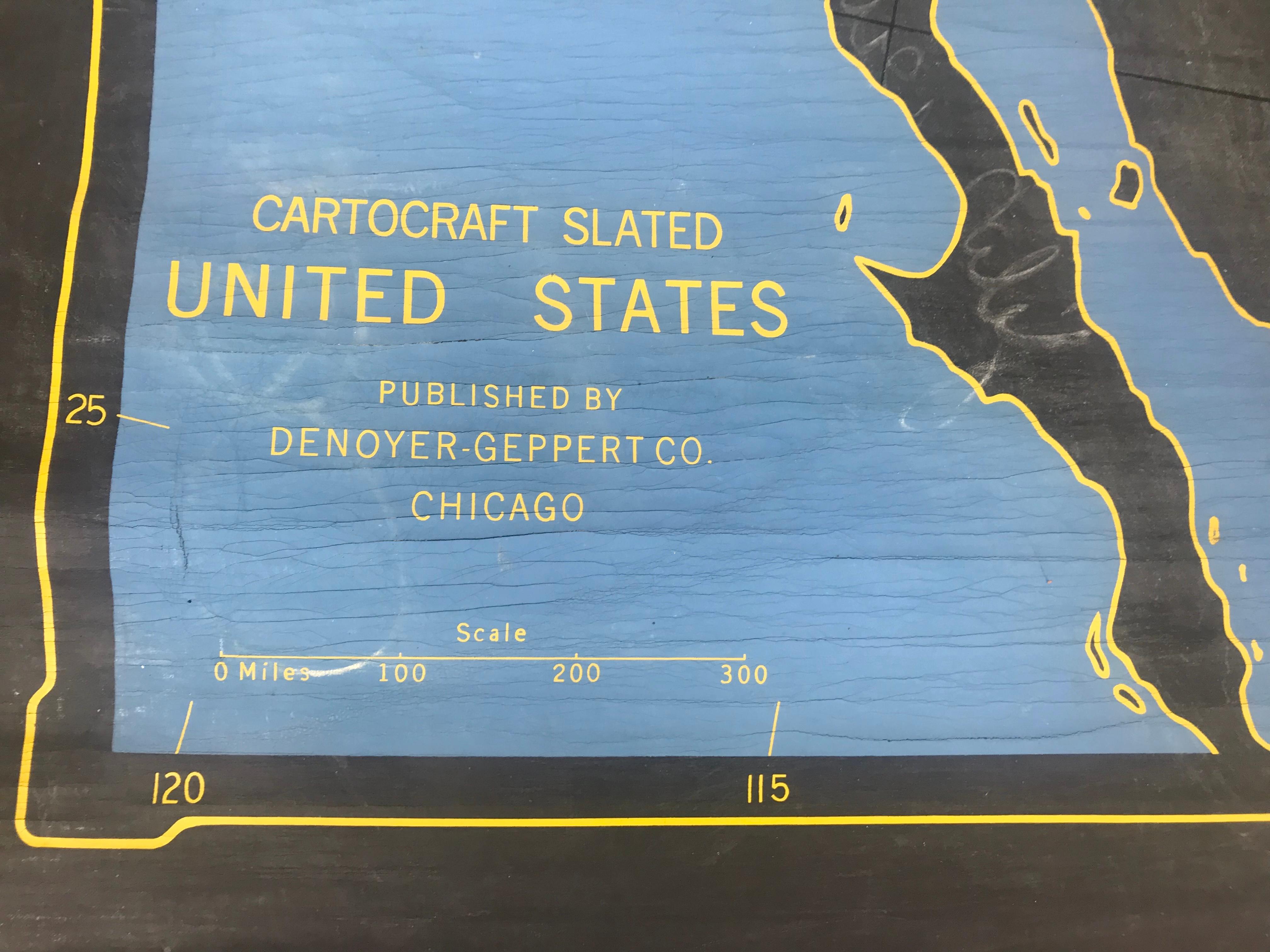 Industrial 1920s Double Sided Cartocraft Slated School Map, U.S.A. & World Denoyer Geppert