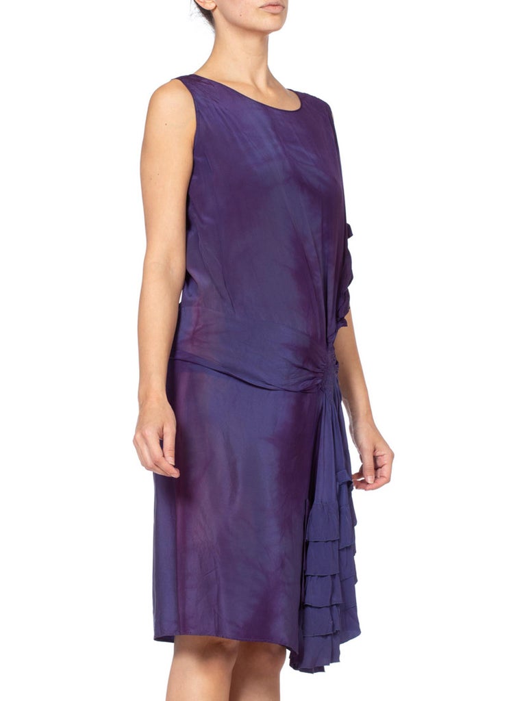 1920's Purple Silk Draped Ruffle Flapper Cocktail Dress