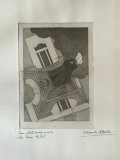 Dessin des années 1920 Le Tour Eiffel Paris France Tower Charles Martin Eau-forte Aquatinte