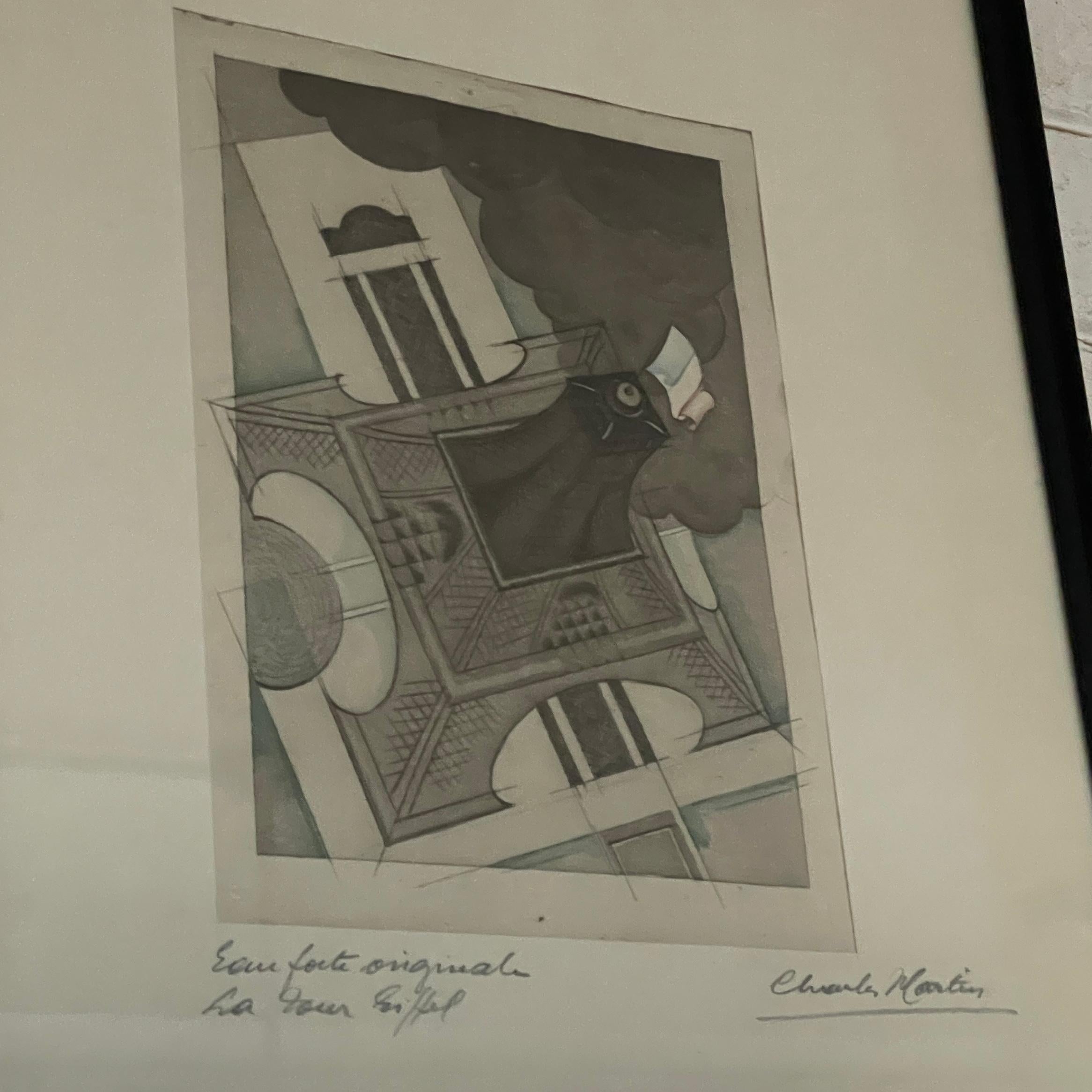 Signed Charles Martin Etching Le Tour Eiffel Paris Aquatint Drawing France Tower (Französisch) im Angebot