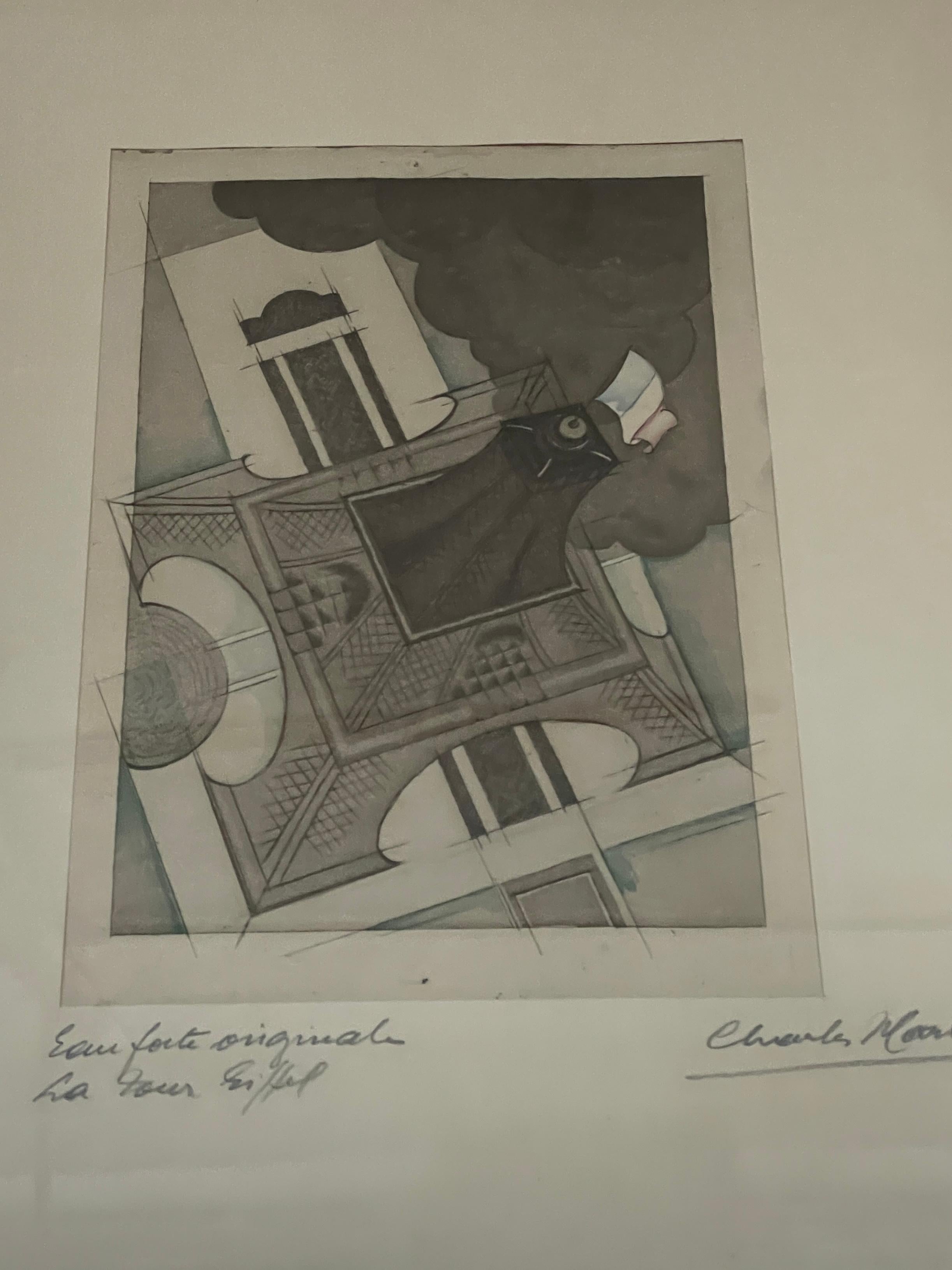 Signed Charles Martin Etching Le Tour Eiffel Paris Aquatint Drawing France Tower (Radiert) im Angebot