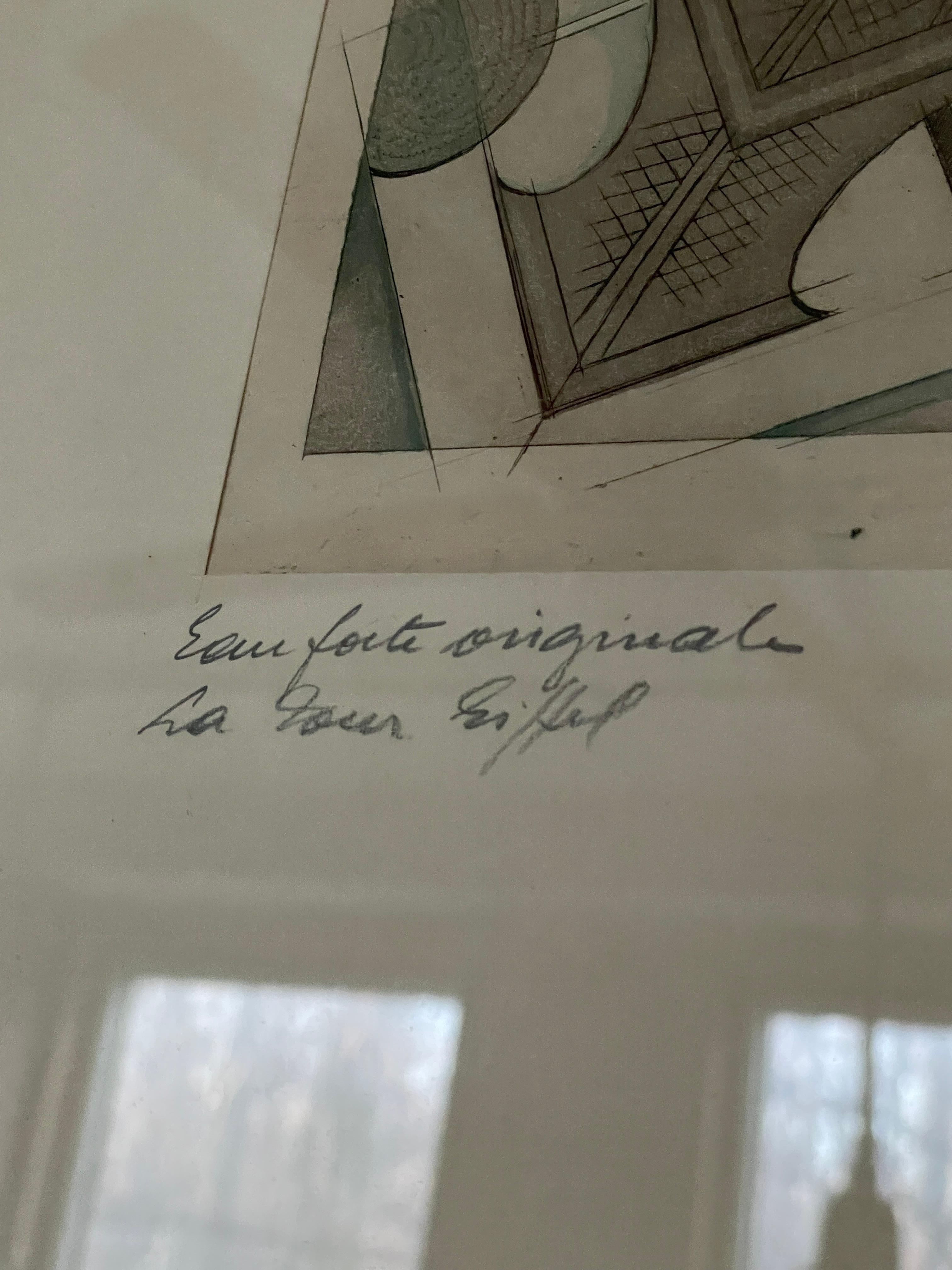 Signed Charles Martin Etching Le Tour Eiffel Paris Aquatint Drawing France Tower (Frühes 20. Jahrhundert) im Angebot