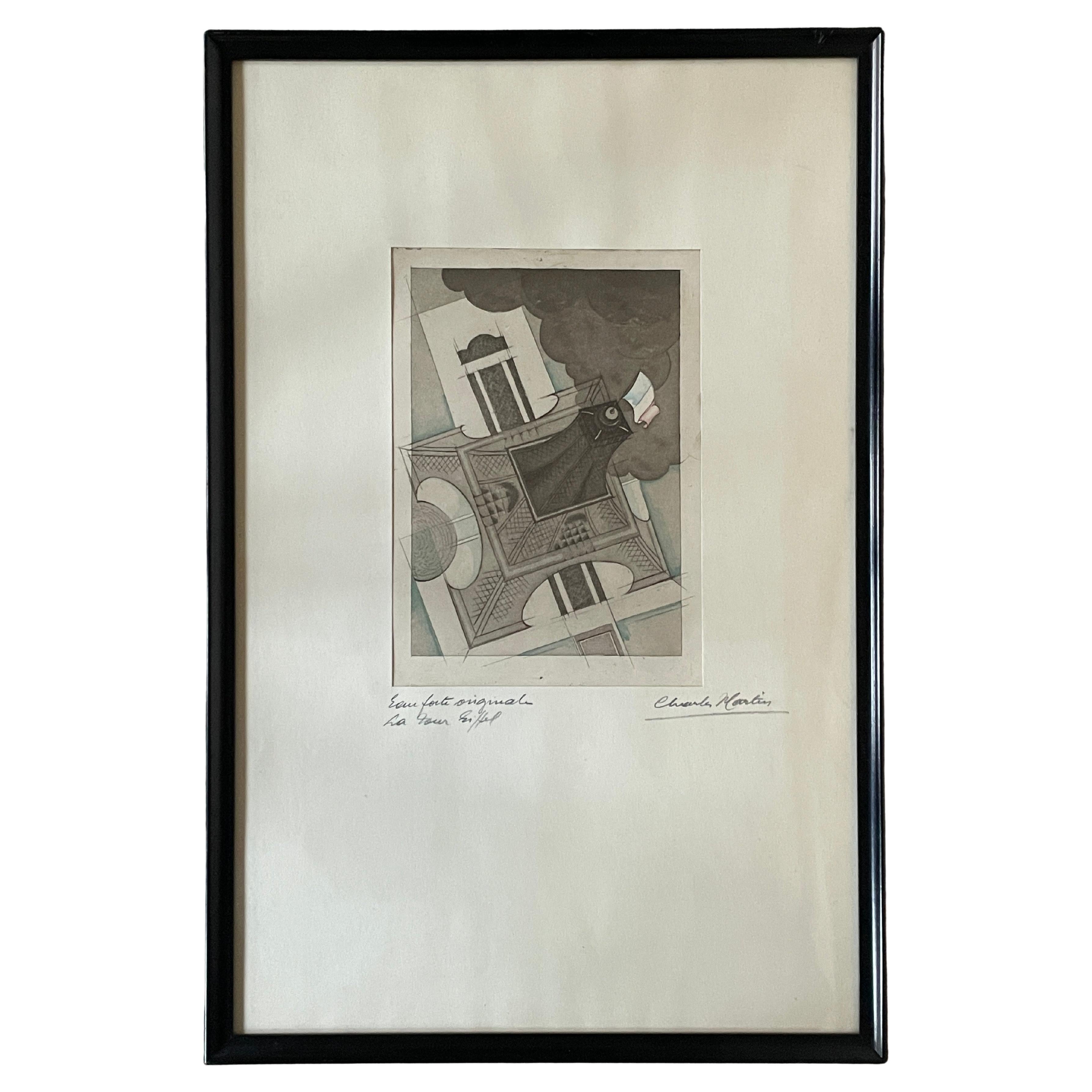 Signed Charles Martin Etching Le Tour Eiffel Paris Aquatint Drawing France Tower