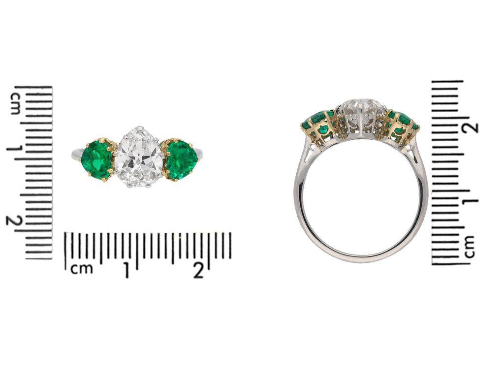 Art Deco 1920s Drop Shape Natural Unenhanced Emerald Old Mine Diamond Ring For Sale