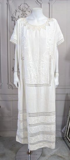 1920's Drop Waist Decorated Edwardian Linen Dress