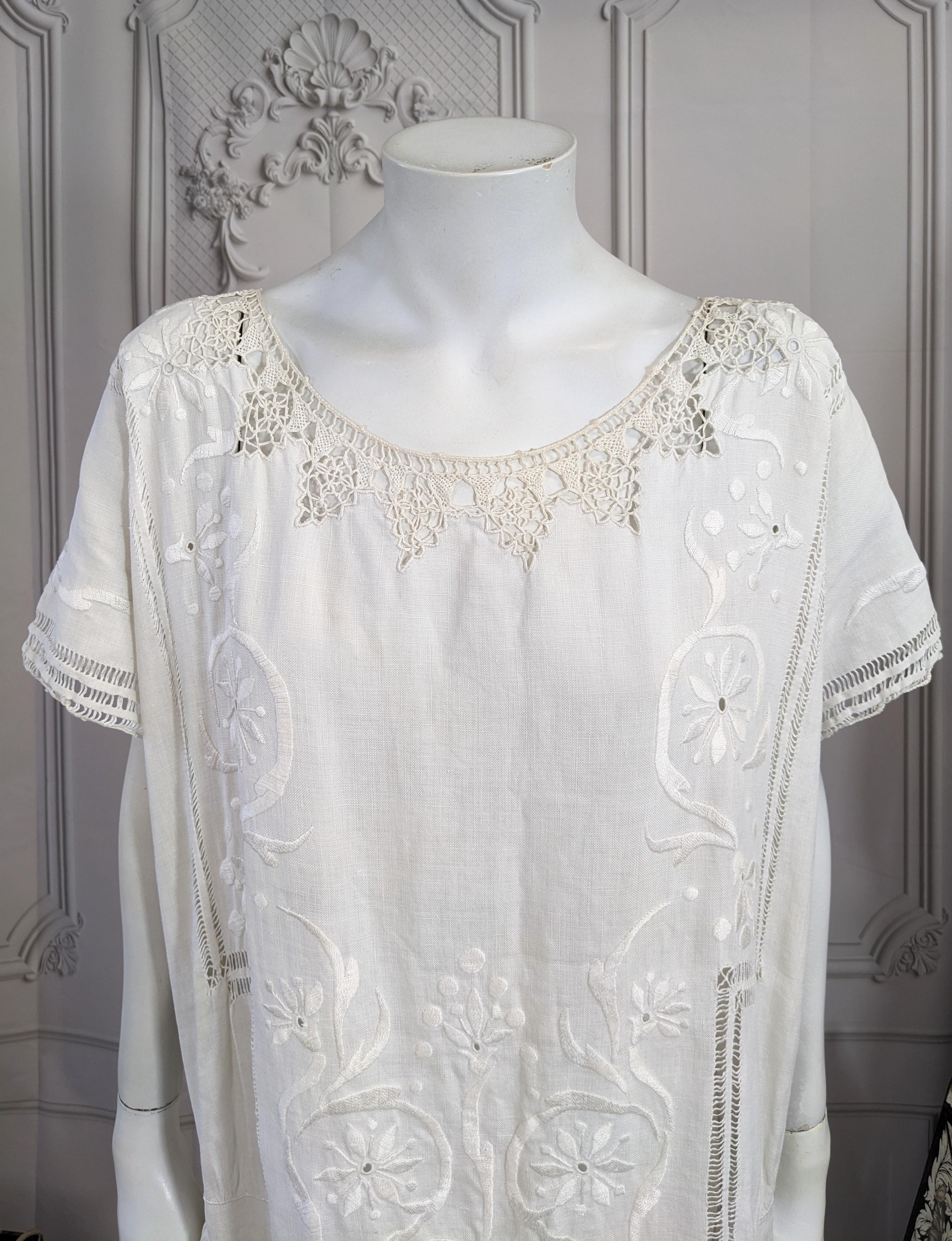 Gray 1920's Drop Waist Decorated Edwardian Linen Dress For Sale