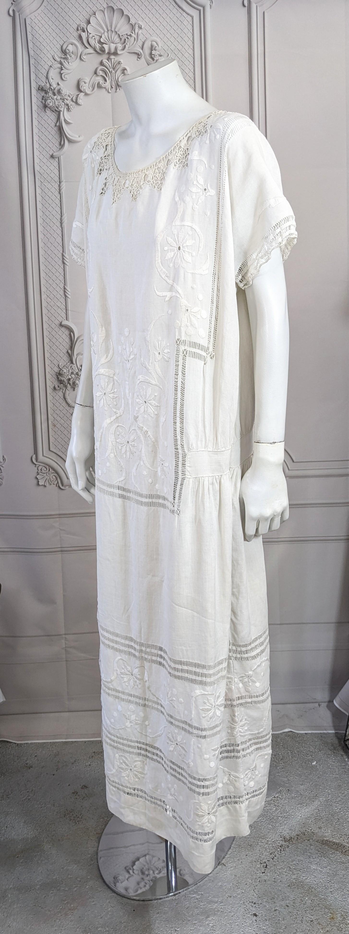 Women's 1920's Drop Waist Decorated Edwardian Linen Dress For Sale