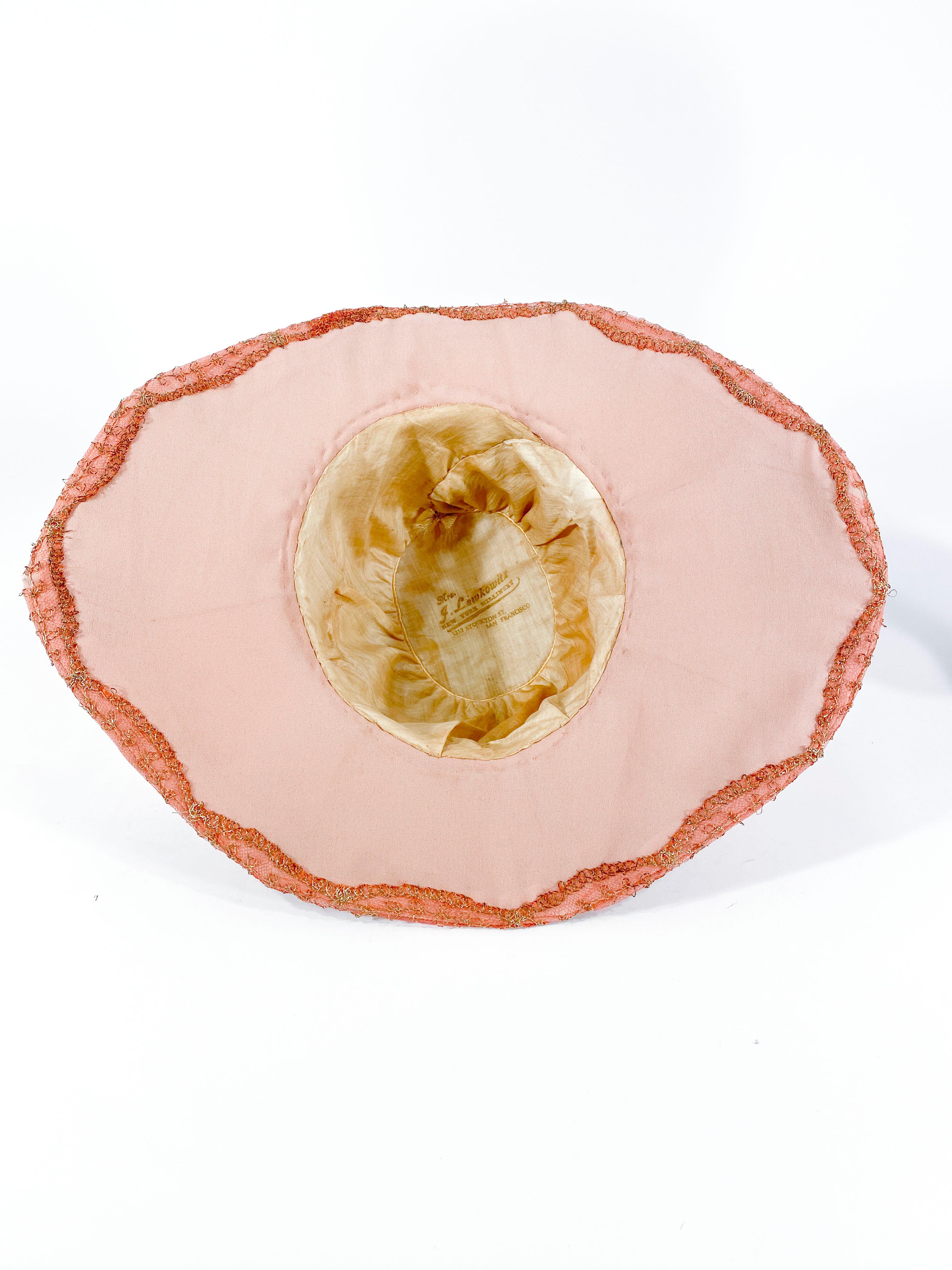 Beige 1920s Dusty Rose Pink Picture Hat with Lamé and Silk Flowers