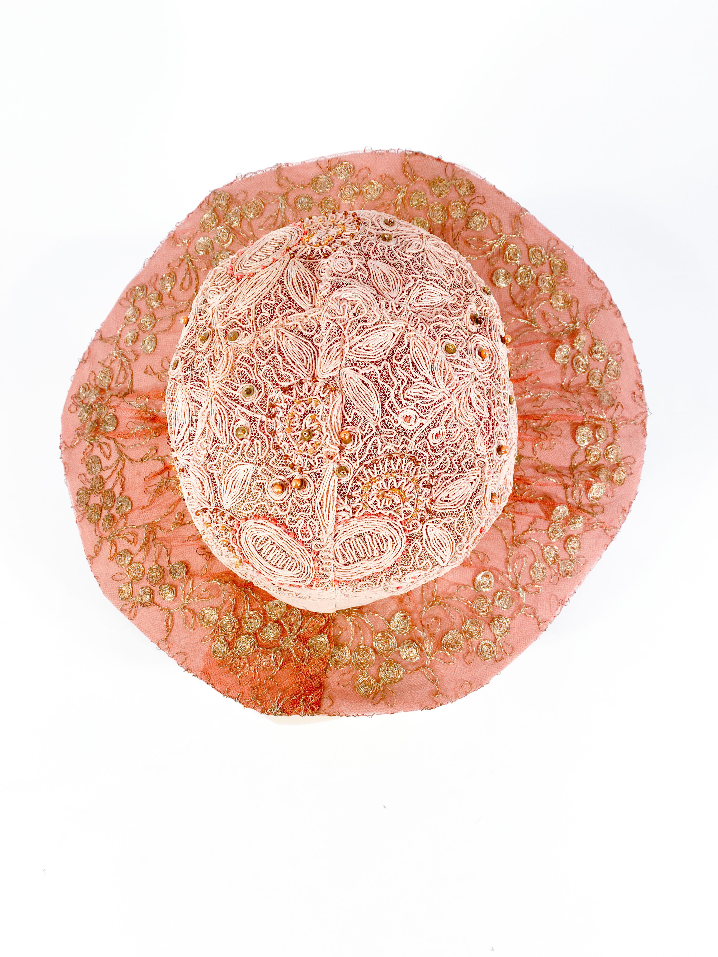 1920s Dusty Rose Pink Picture Hat with Lamé and Silk Flowers In Good Condition In San Francisco, CA