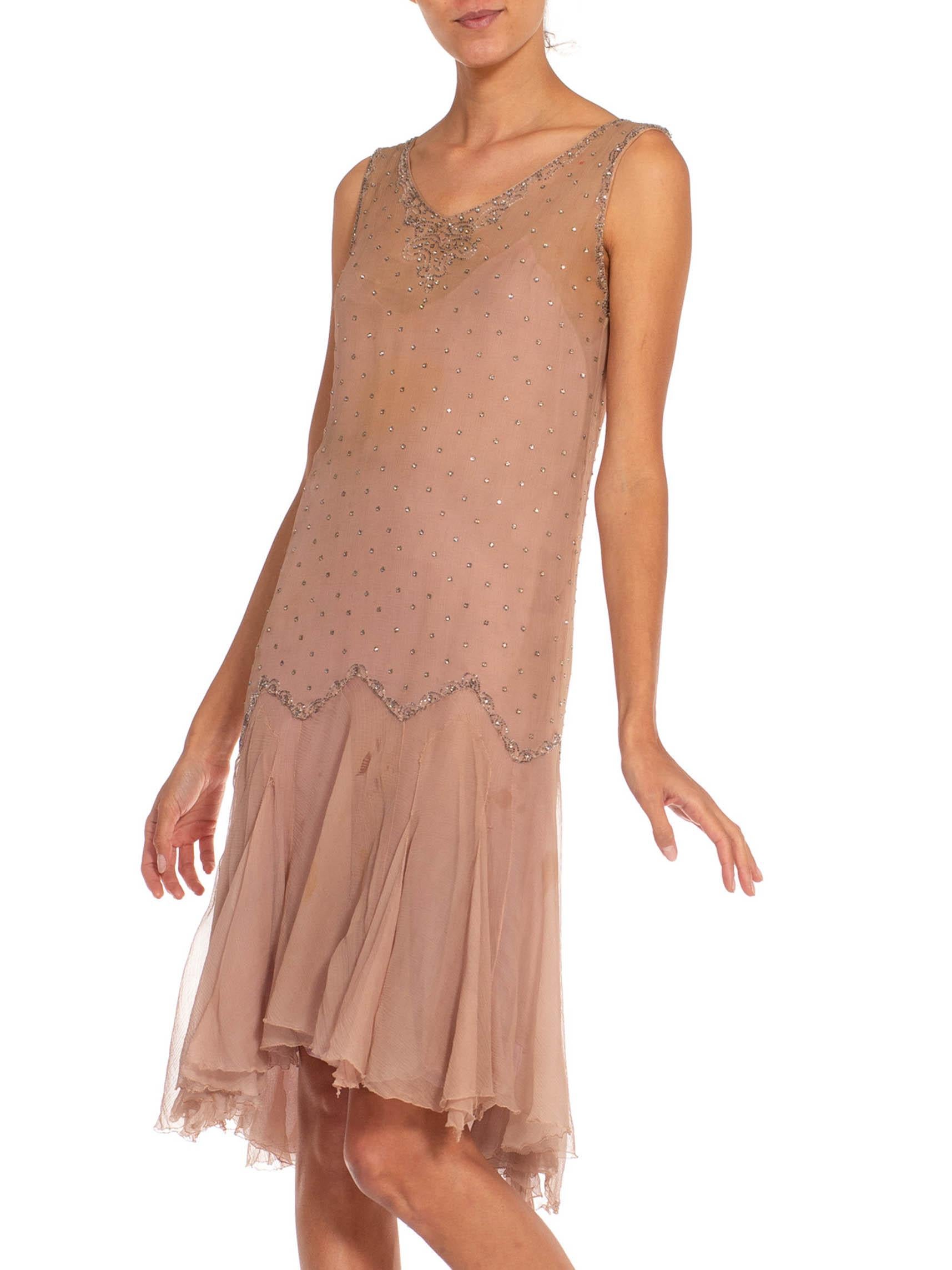 Brown 1920S Dusty Rose Silk Chiffon Flapper Dress Embellished With Crystals