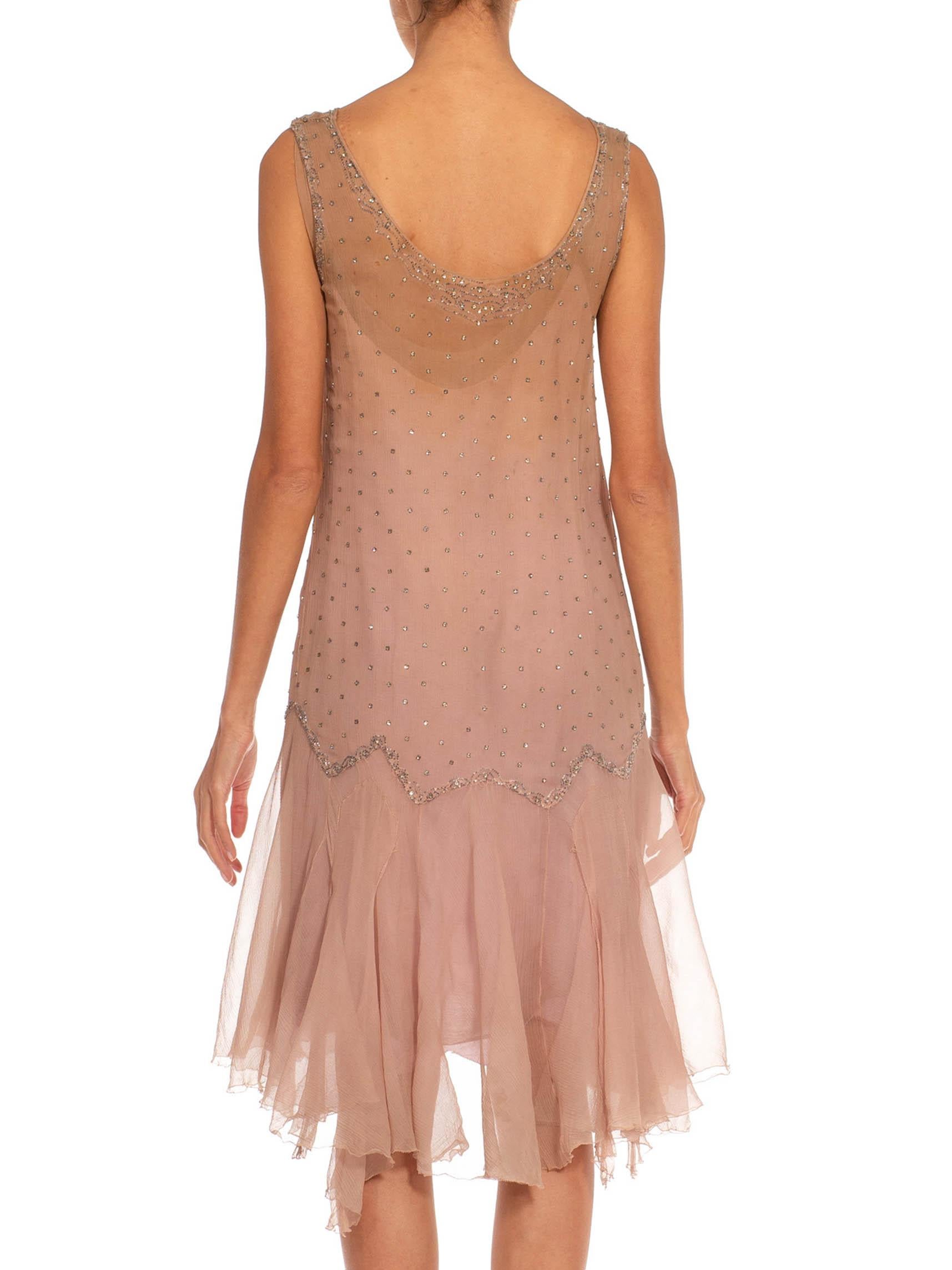 1920S Dusty Rose Silk Chiffon Flapper Dress Embellished With Crystals In Excellent Condition In New York, NY