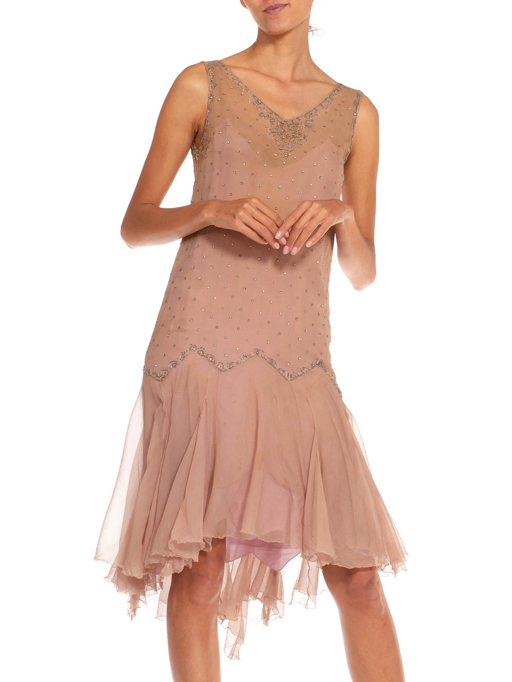 Women's 1920S Dusty Rose Silk Chiffon Flapper Dress Embellished With Crystals