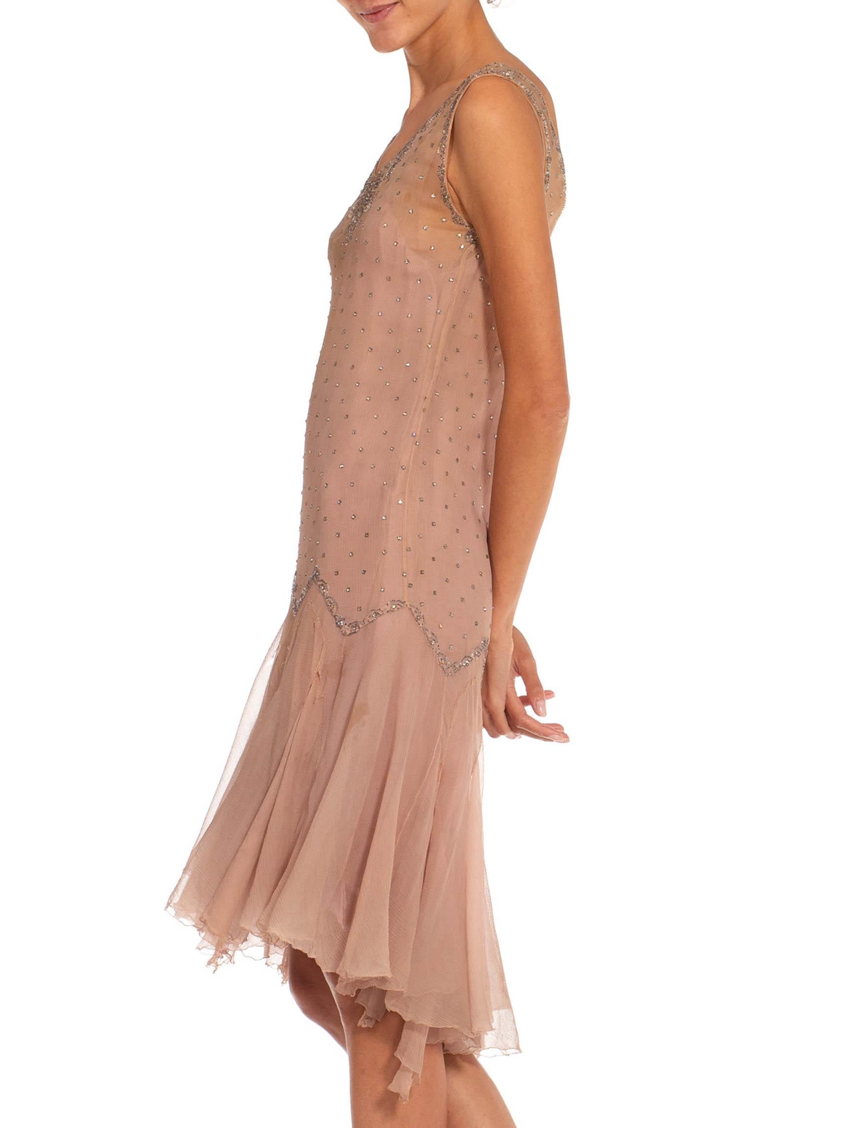 1920S Dusty Rose Silk Chiffon Flapper Dress Embellished With Crystals 1