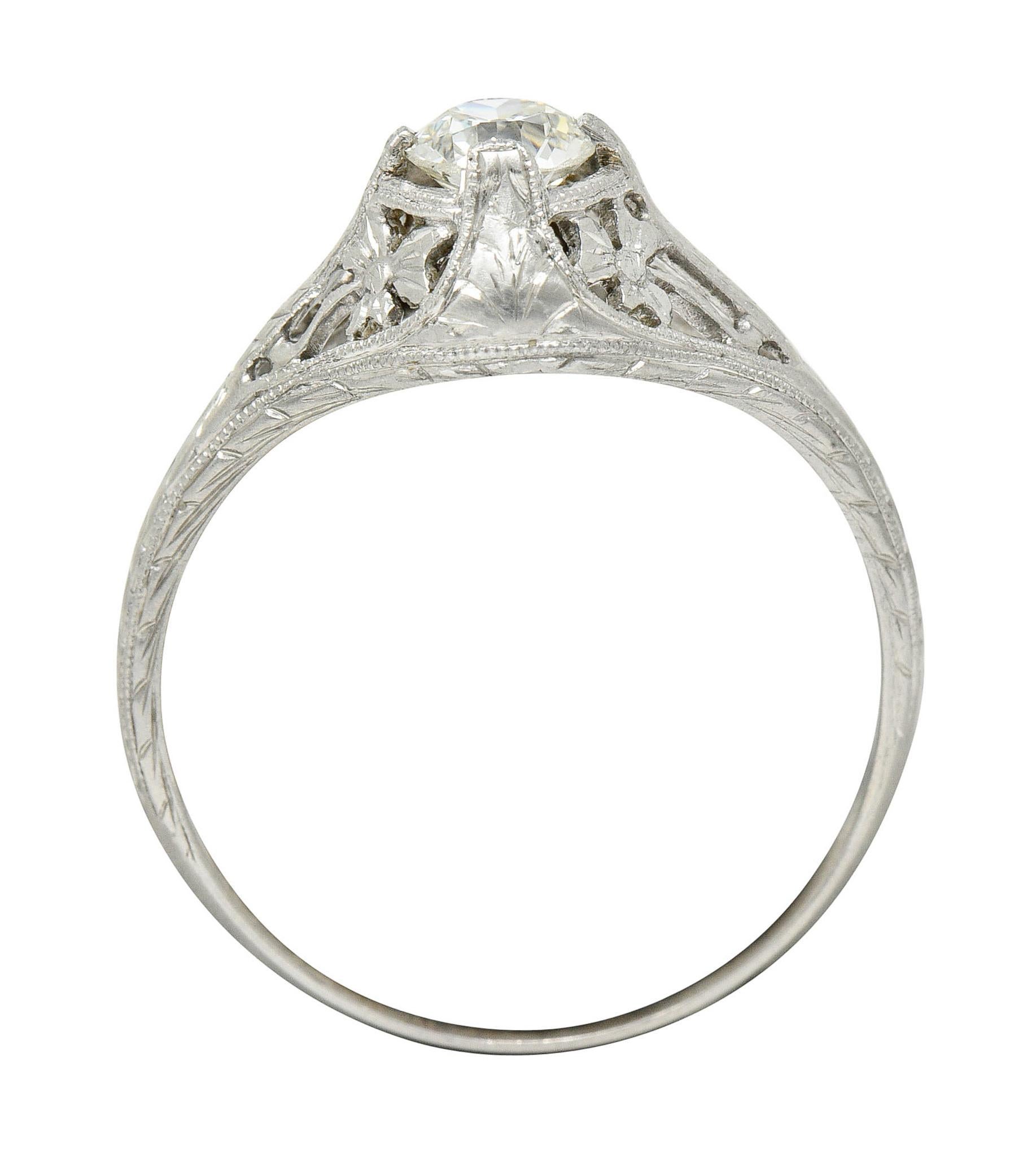 Women's or Men's 1920's Early Art Deco 0.43 Carat Diamond Platinum Clover Engagement Ring For Sale