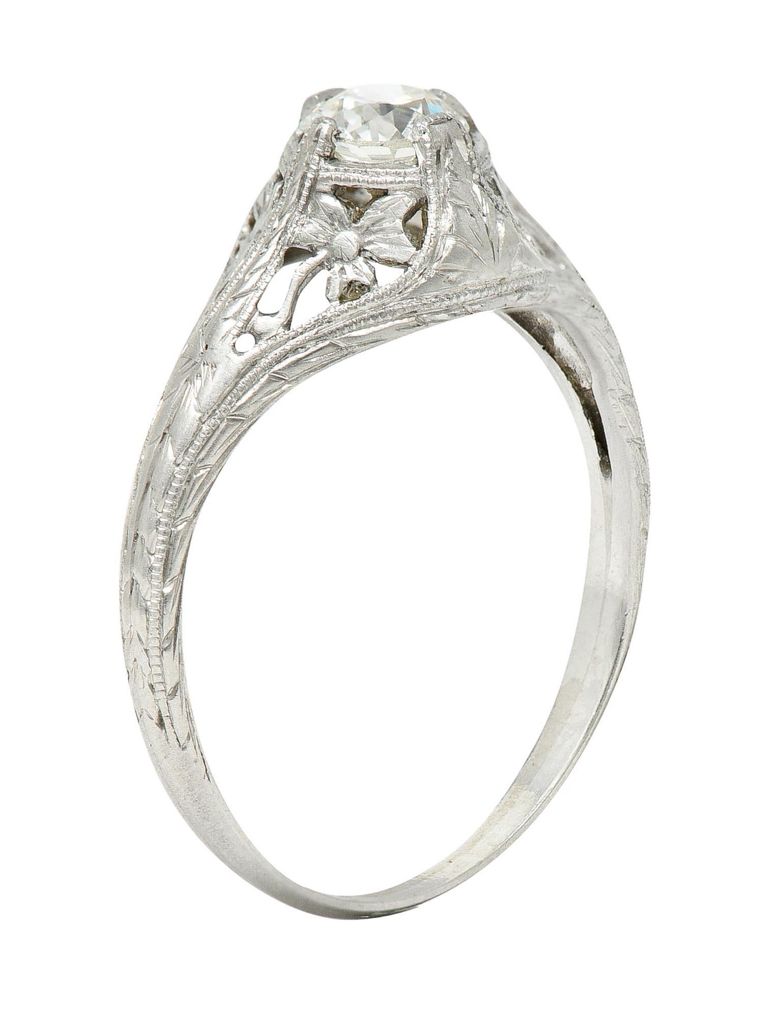 1920's Early Art Deco 0.43 Carat Diamond Platinum Clover Engagement Ring For Sale 1