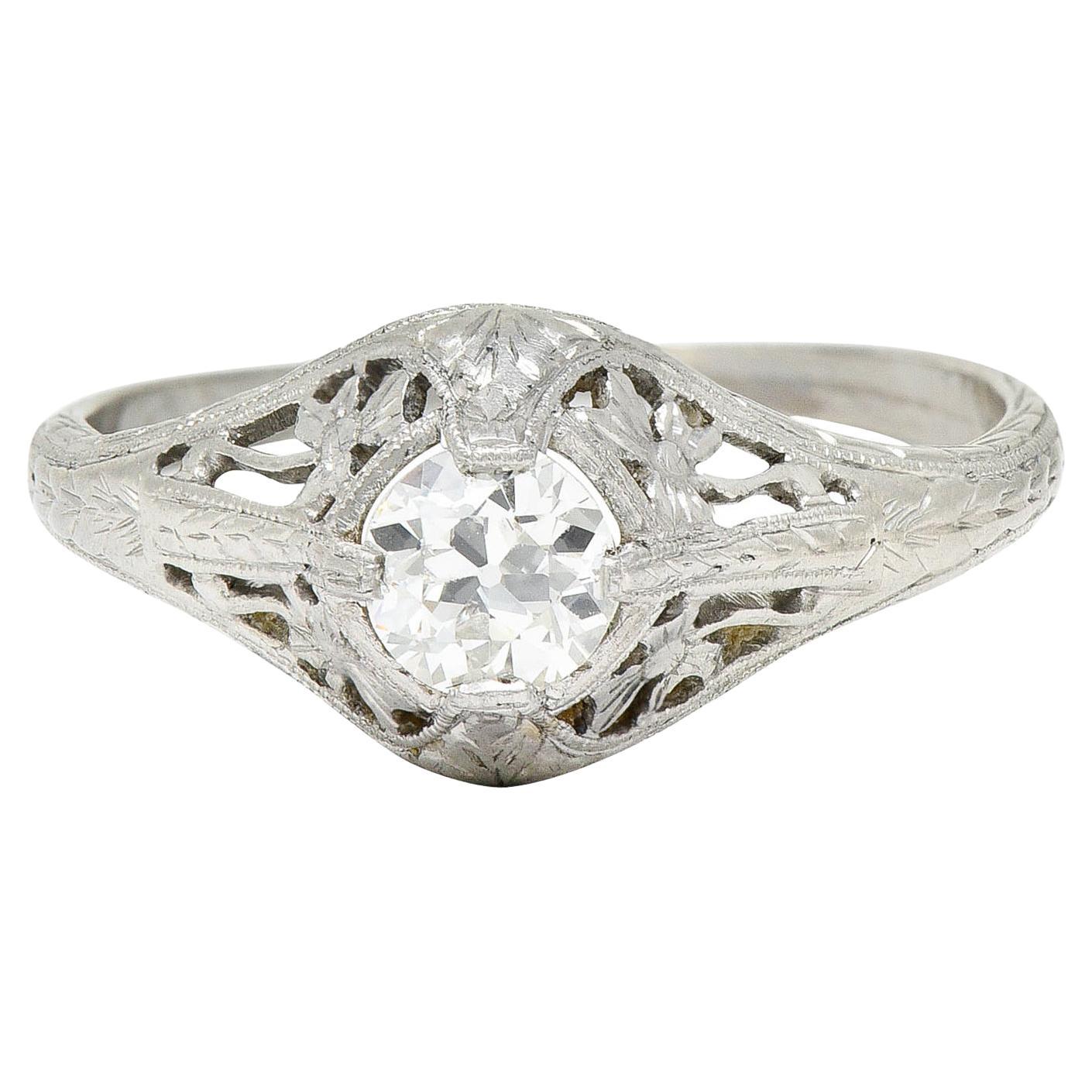 Bague de fiançailles trèfle en platine avec diamant de 0,43 carat, début de l'Art déco, années 1920