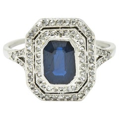 1920's Early Art Deco 1.75 Carats Sapphire Diamond Platinum Double Halo Ring
