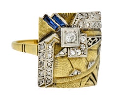 1920s Early Art Deco Diamond Sapphire Platinum 18 Karat Gold Egyptian Ring