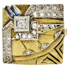 Antique 1920s Early Art Deco Diamond Sapphire Platinum 18 Karat Gold Egyptian Ring