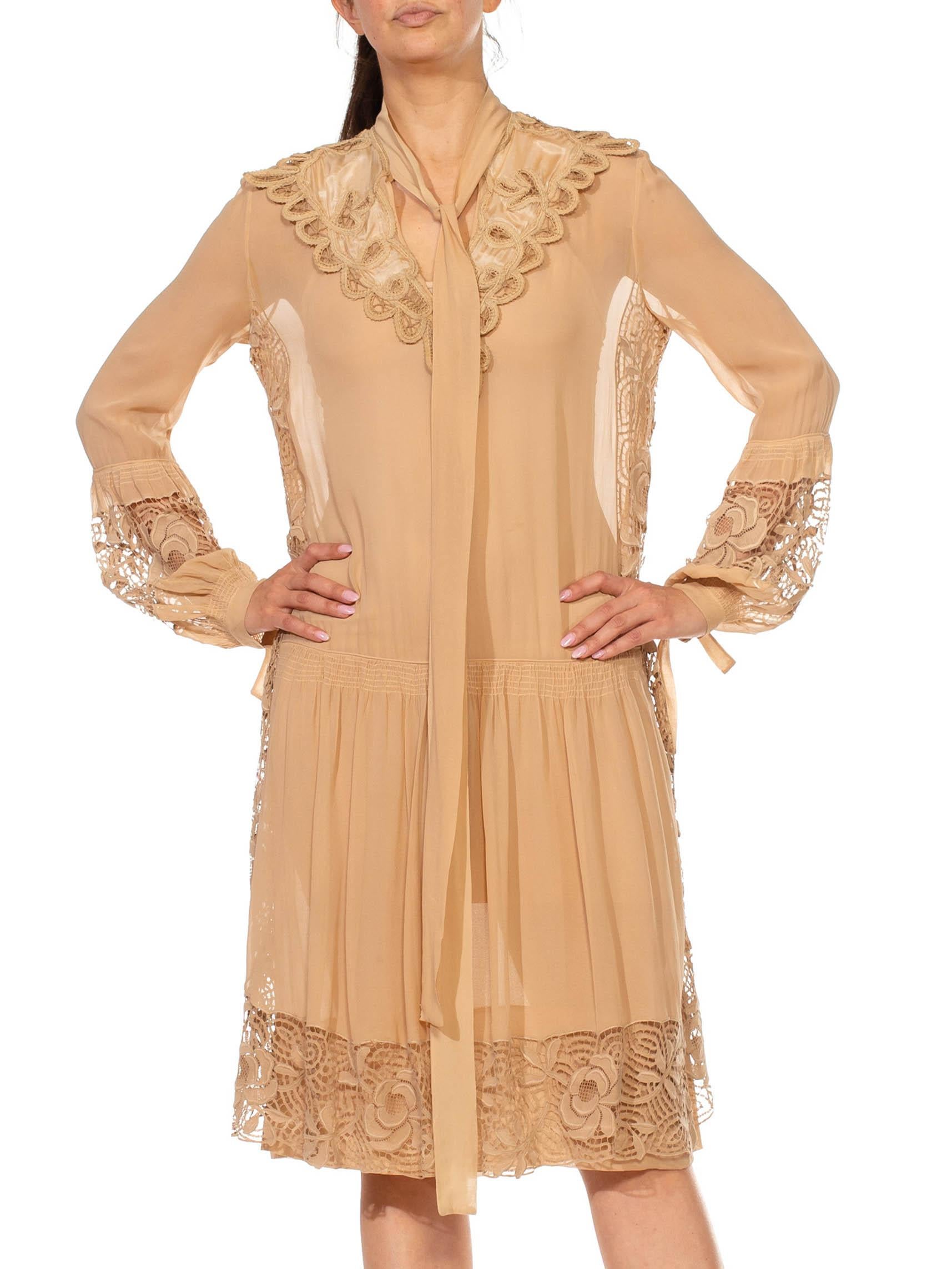 Beige 1920S Ecru Silk Chiffon & Lace Drop-Waist Flapper Era Day Dress For Sale