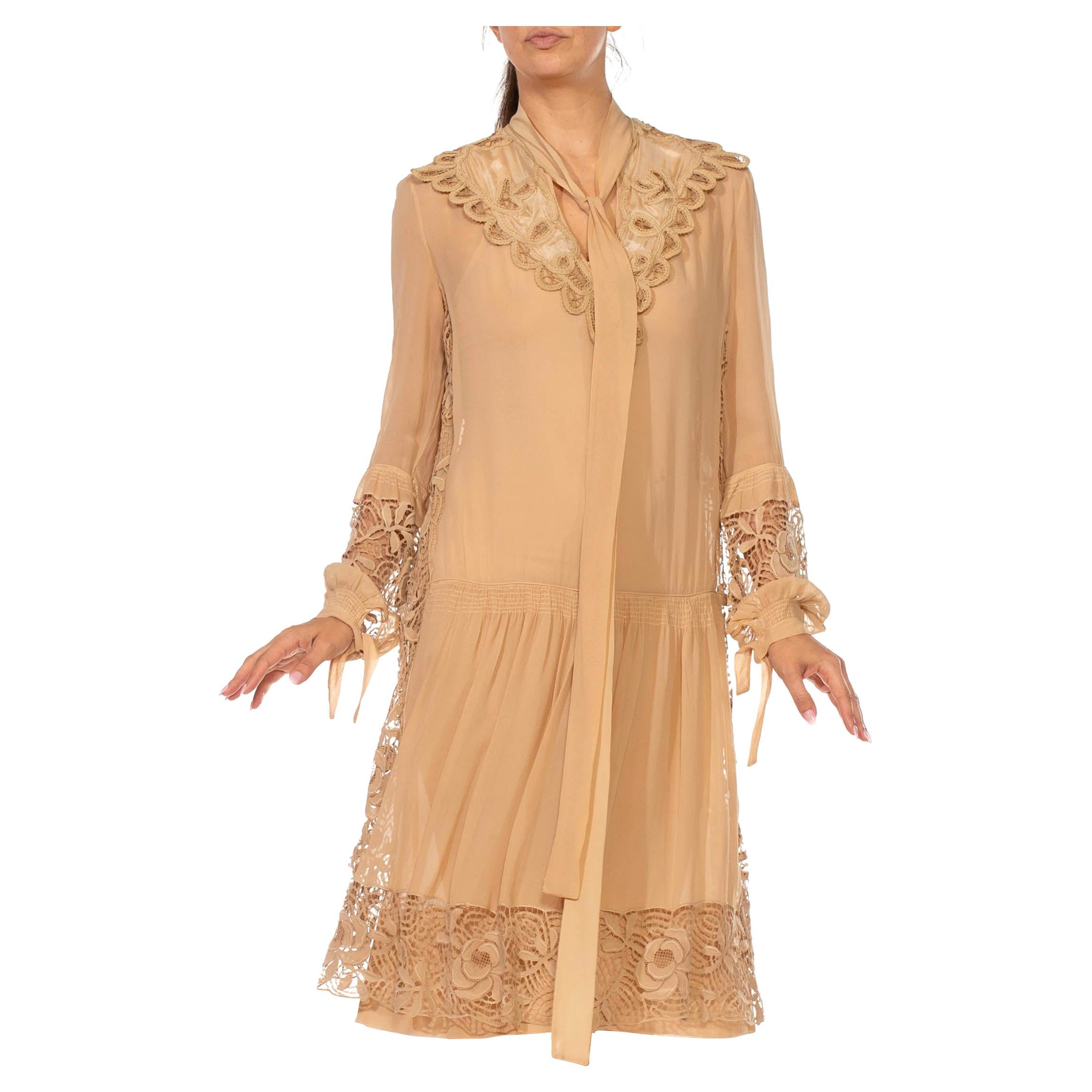 1920S Ecru Silk Chiffon & Lace Drop-Waist Flapper Era Day Dress For Sale
