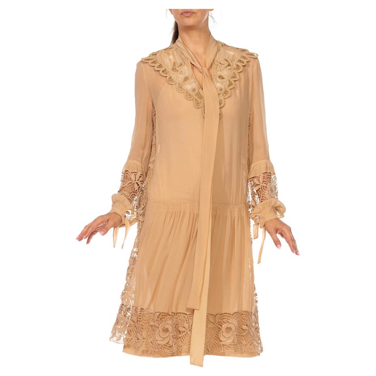 1920s Ecru Silk Chiffon & Lace Drop-Waist Flapper Era Day Dress