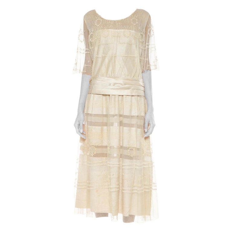 1920S Ecru Silk and Cotton Net Dress With Exceptional Hand Embroidery ...