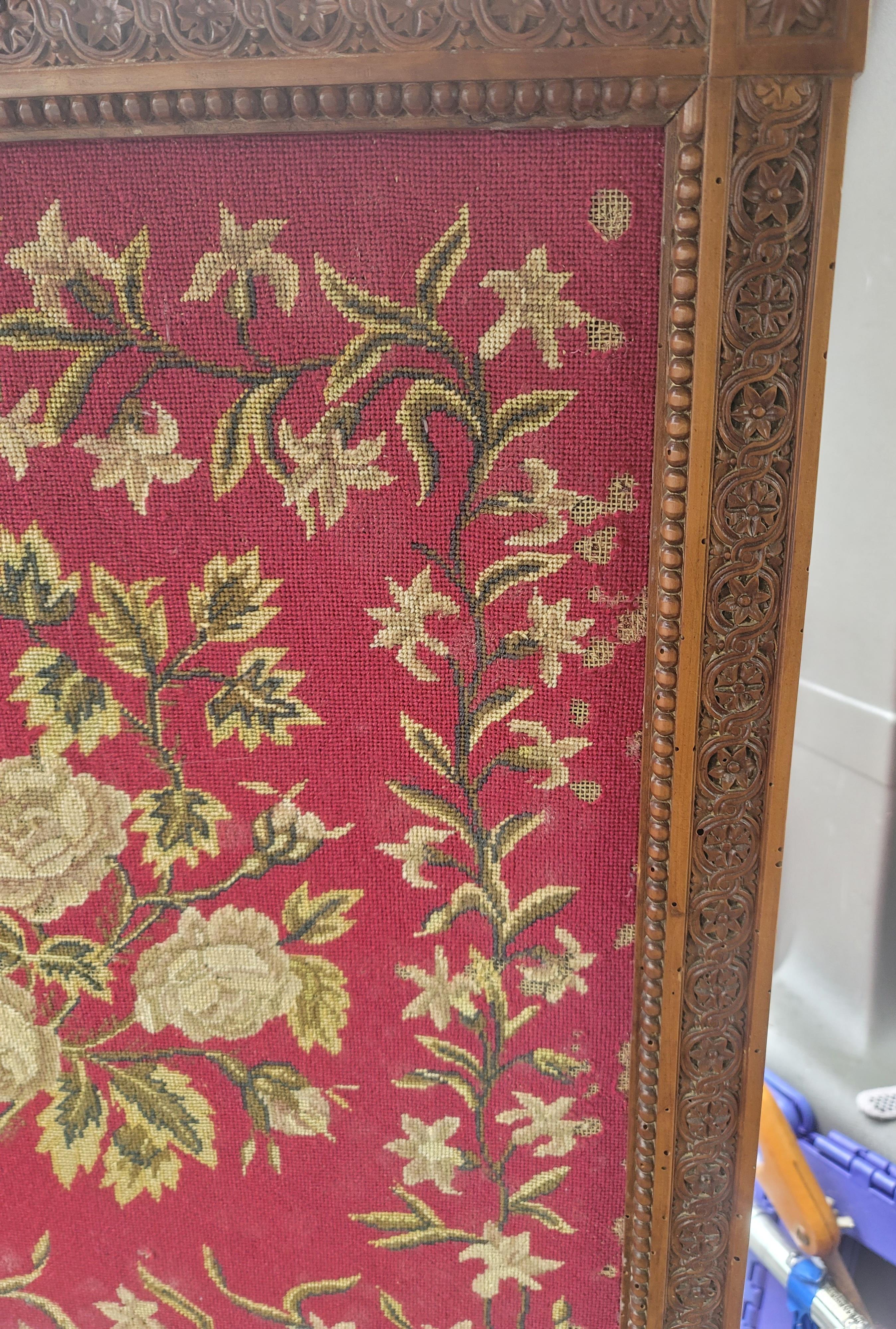 Tapestry 1920s, Edwardian Carved Walnut Tapestried Fire Place Screen For Sale
