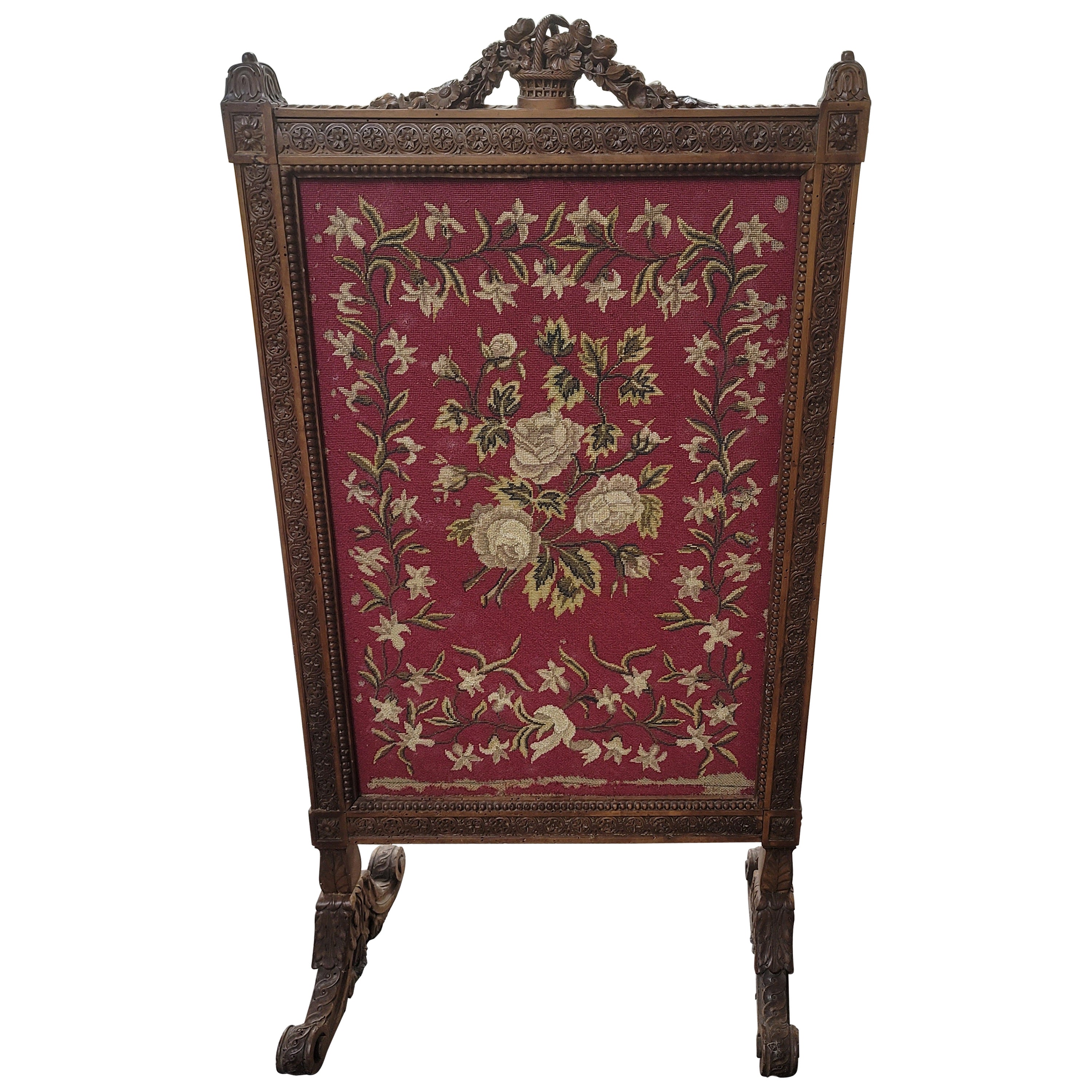 1920s, Edwardian Carved Walnut Tapestried Fire Place Screen