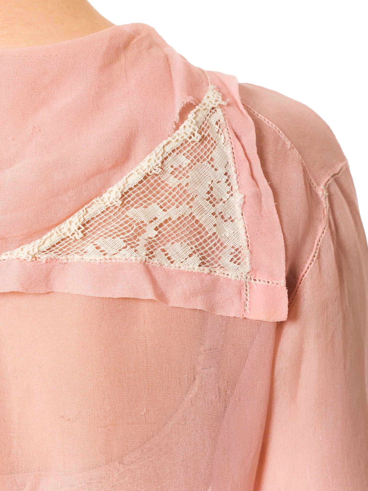 1920S Baby Pink Sheer Silk Chiffon Edwardian Blouse Embroidered With Blue Flowe 1