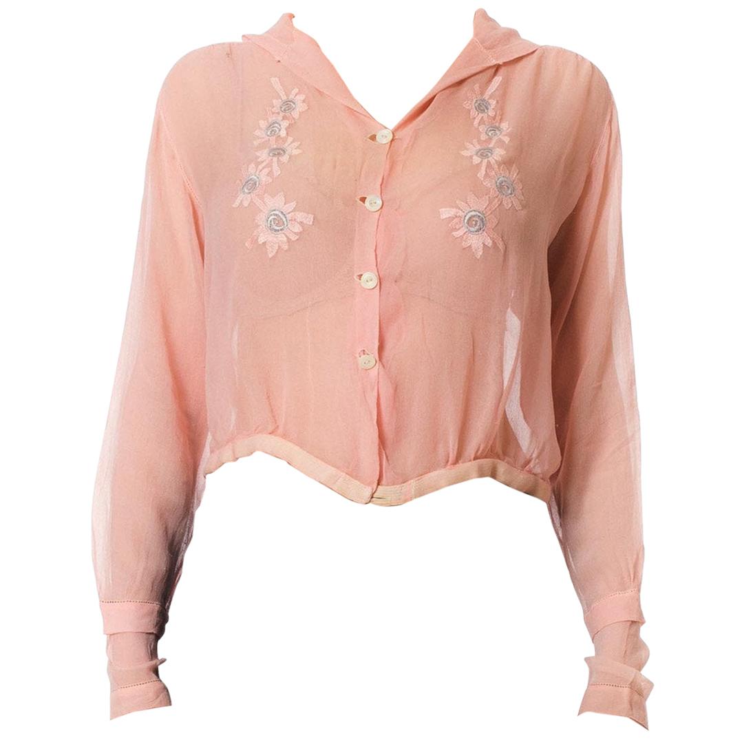 1920S Baby Pink Sheer Silk Chiffon Edwardian Blouse Embroidered With Blue Flowe