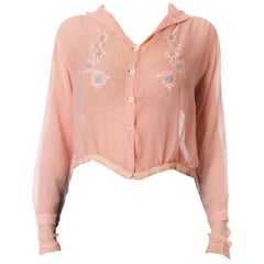 Antique 1920S Baby Pink Sheer Silk Chiffon Edwardian Blouse Embroidered With Blue Flowe