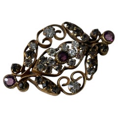 1920s Edwardian Revival Openwork Filigree Brooch with Purple Rhinestones