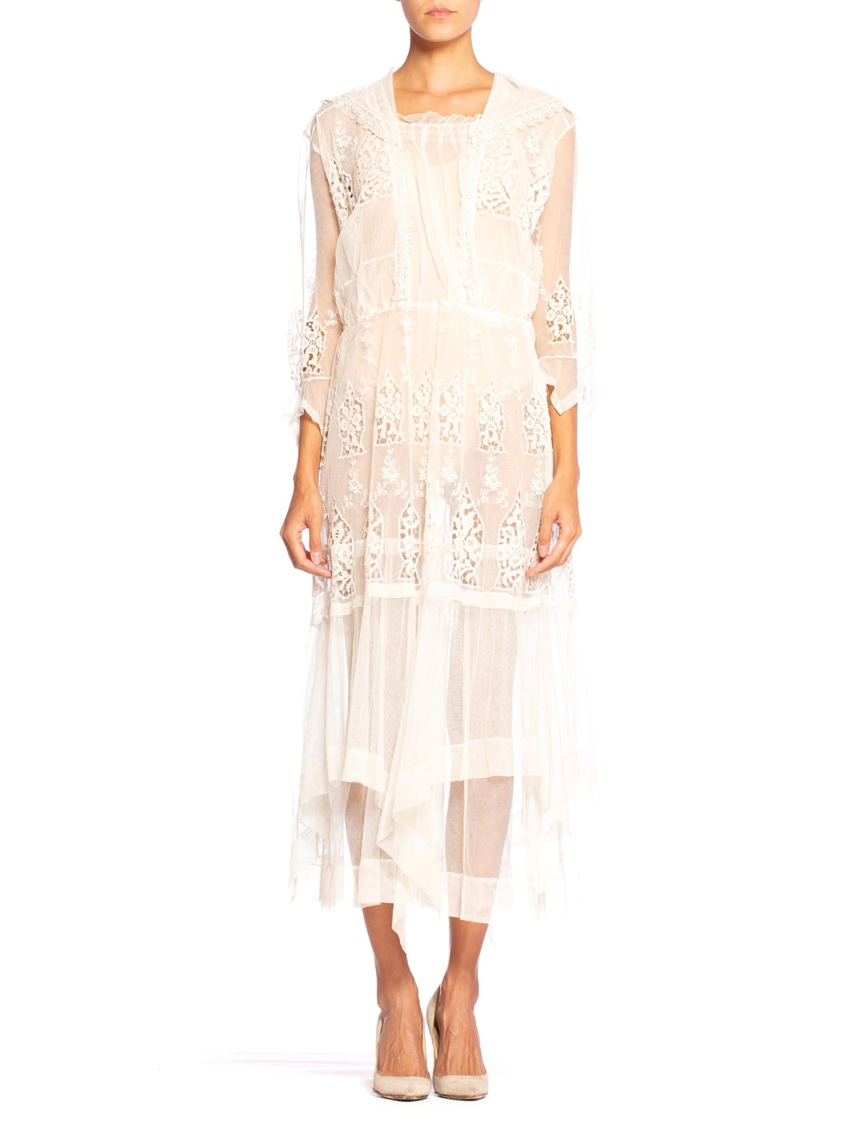 White Edwardian Cream Organic Cotton Embroidered Tulle & Lace Dress With Sheer Sleeves