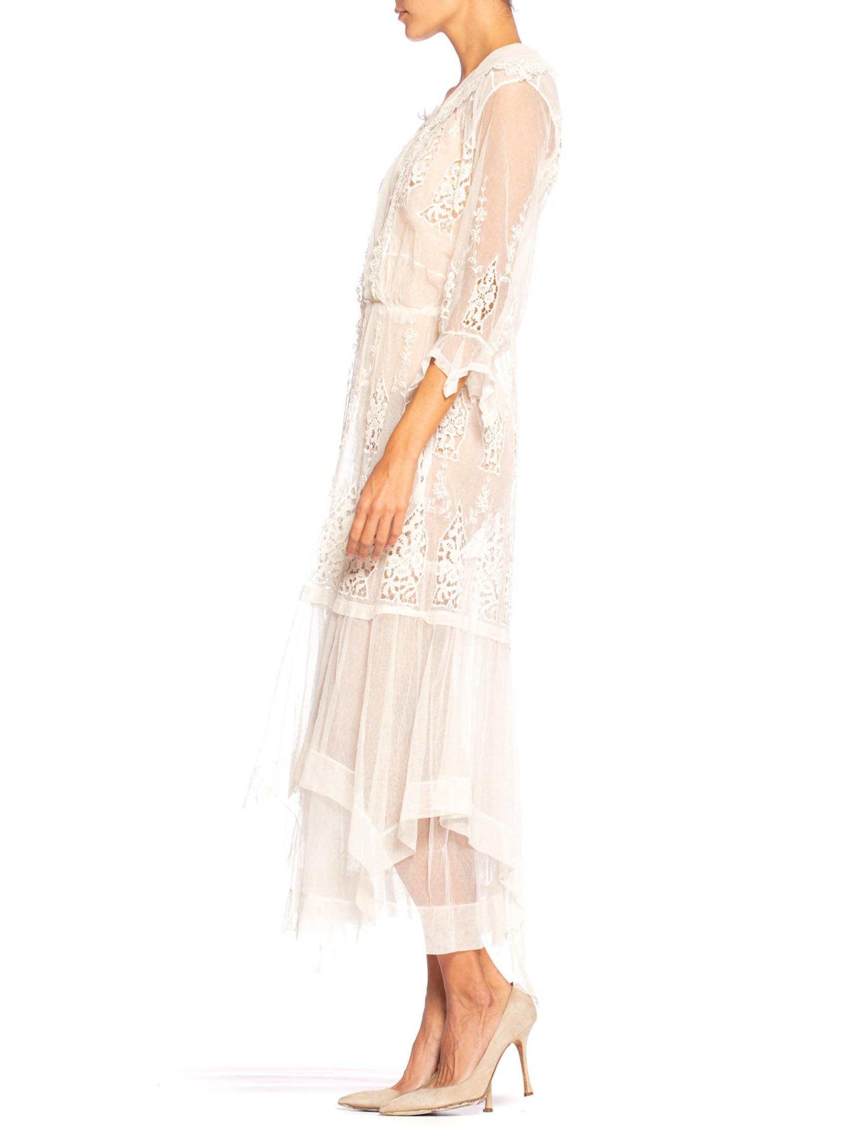 Edwardian Cream Organic Cotton Embroidered Tulle & Lace Dress With Sheer Sleeves In Excellent Condition In New York, NY