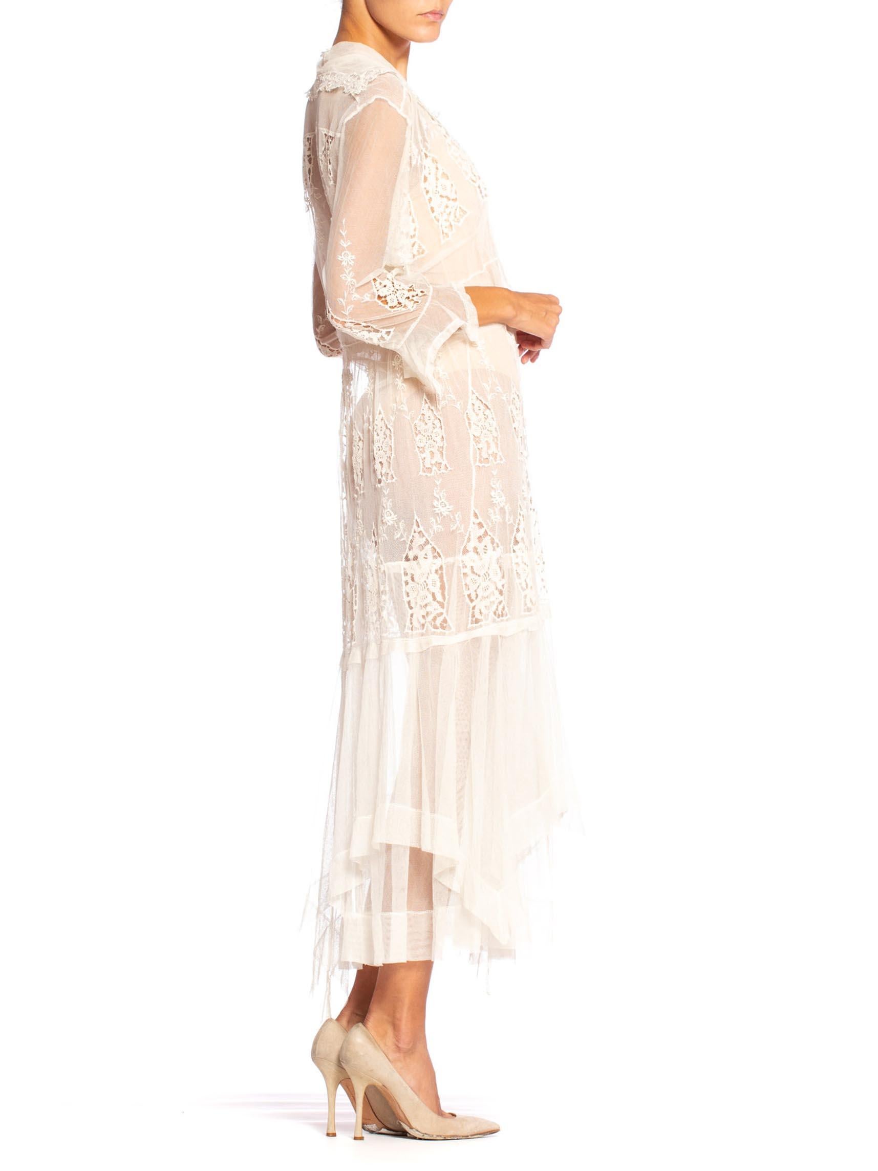 Women's Edwardian Cream Organic Cotton Embroidered Tulle & Lace Dress With Sheer Sleeves
