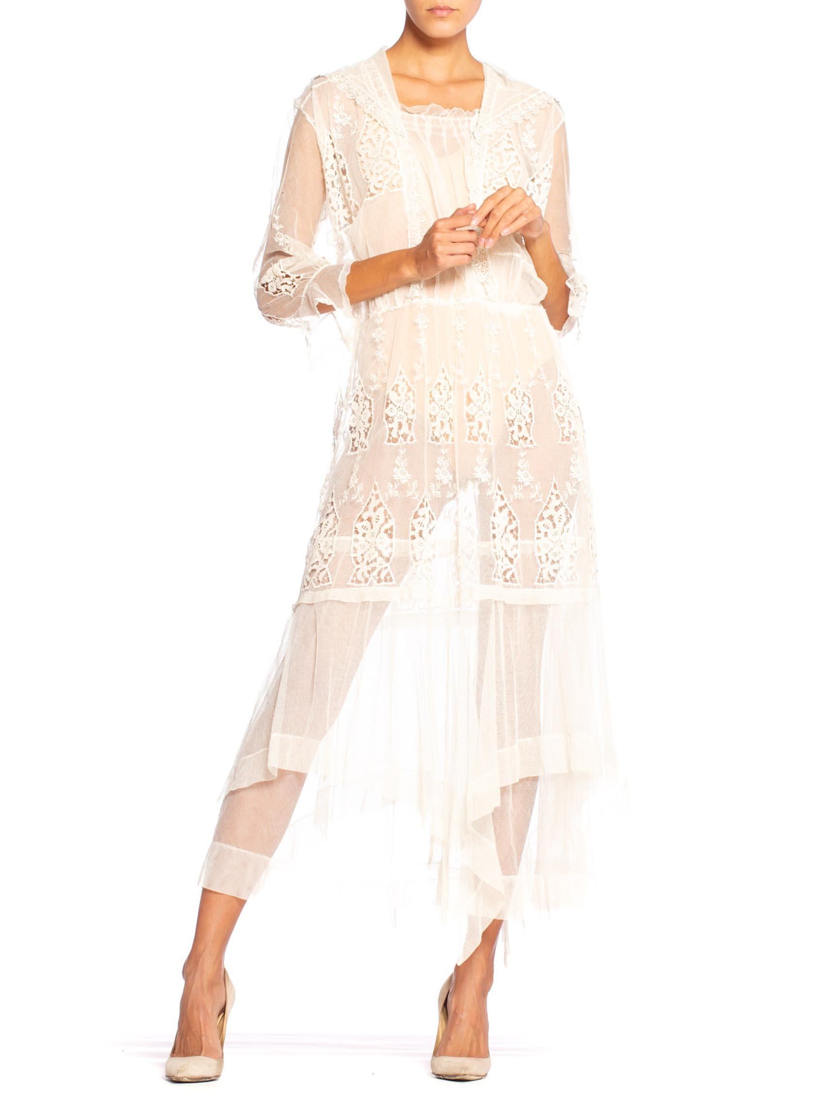 Edwardian Cream Organic Cotton Embroidered Tulle & Lace Dress With Sheer Sleeves 2