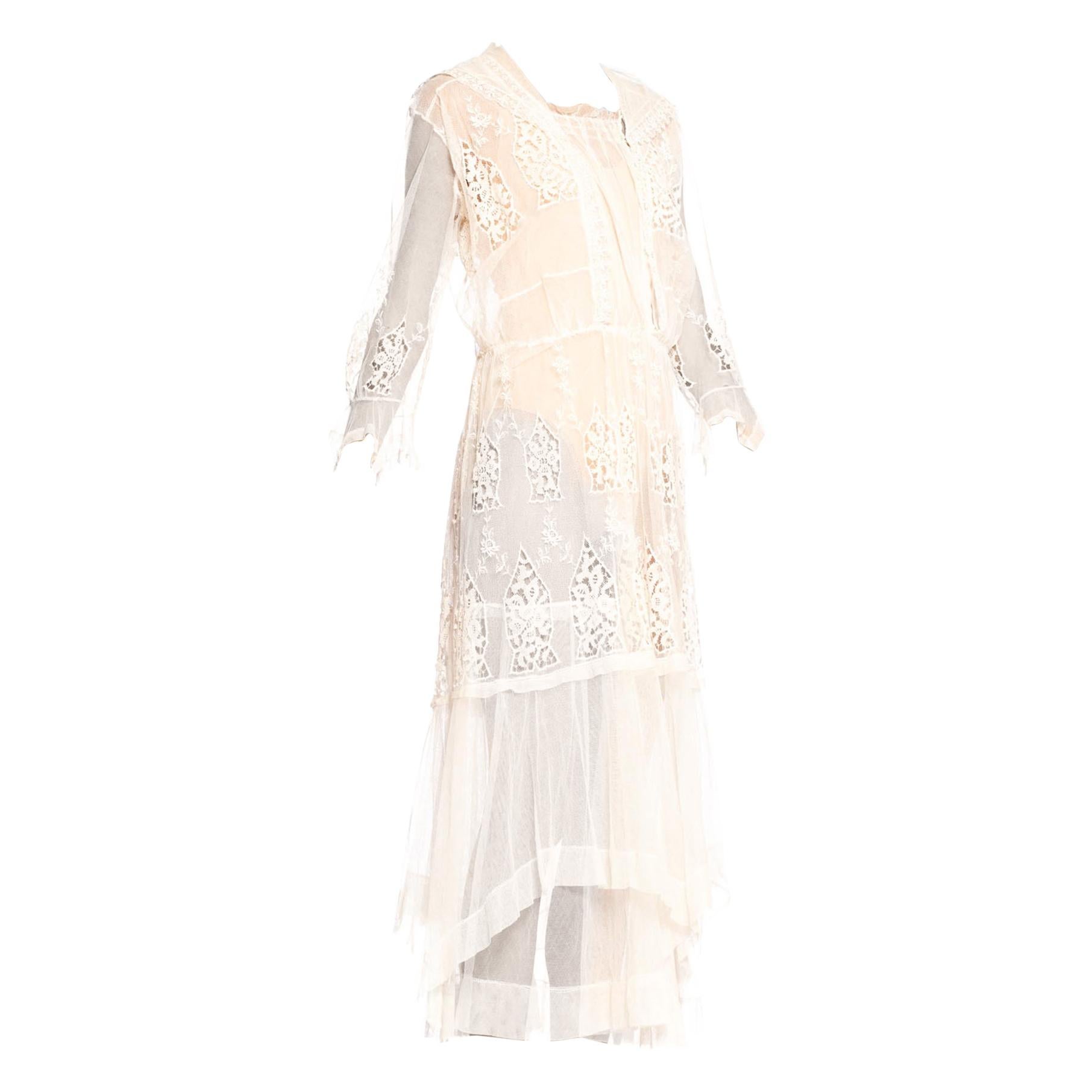 Edwardian Cream Organic Cotton Embroidered Tulle & Lace Dress With Sheer Sleeves
