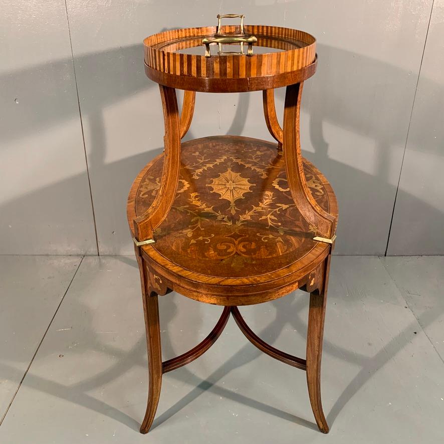 1920s Edwardian Tray Top Étagère in Satinwood and Marquetry with Brasses In Good Condition For Sale In Uppingham, Rutland