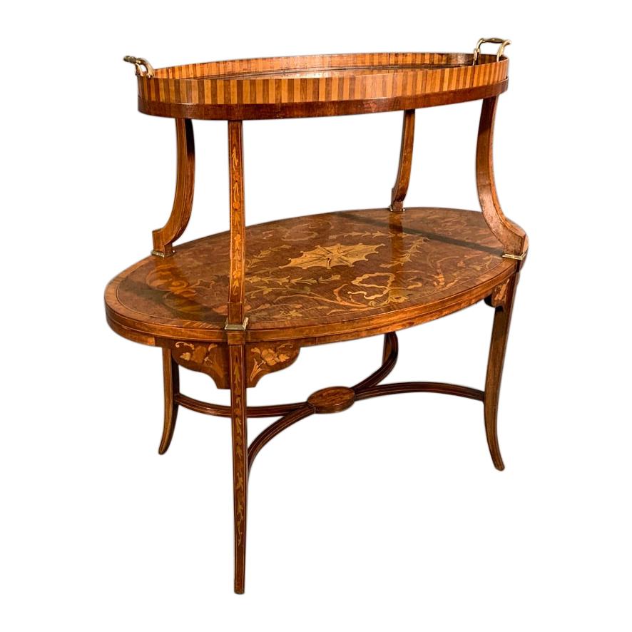 1920s Edwardian Tray Top Étagère in Satinwood and Marquetry with Brasses For Sale
