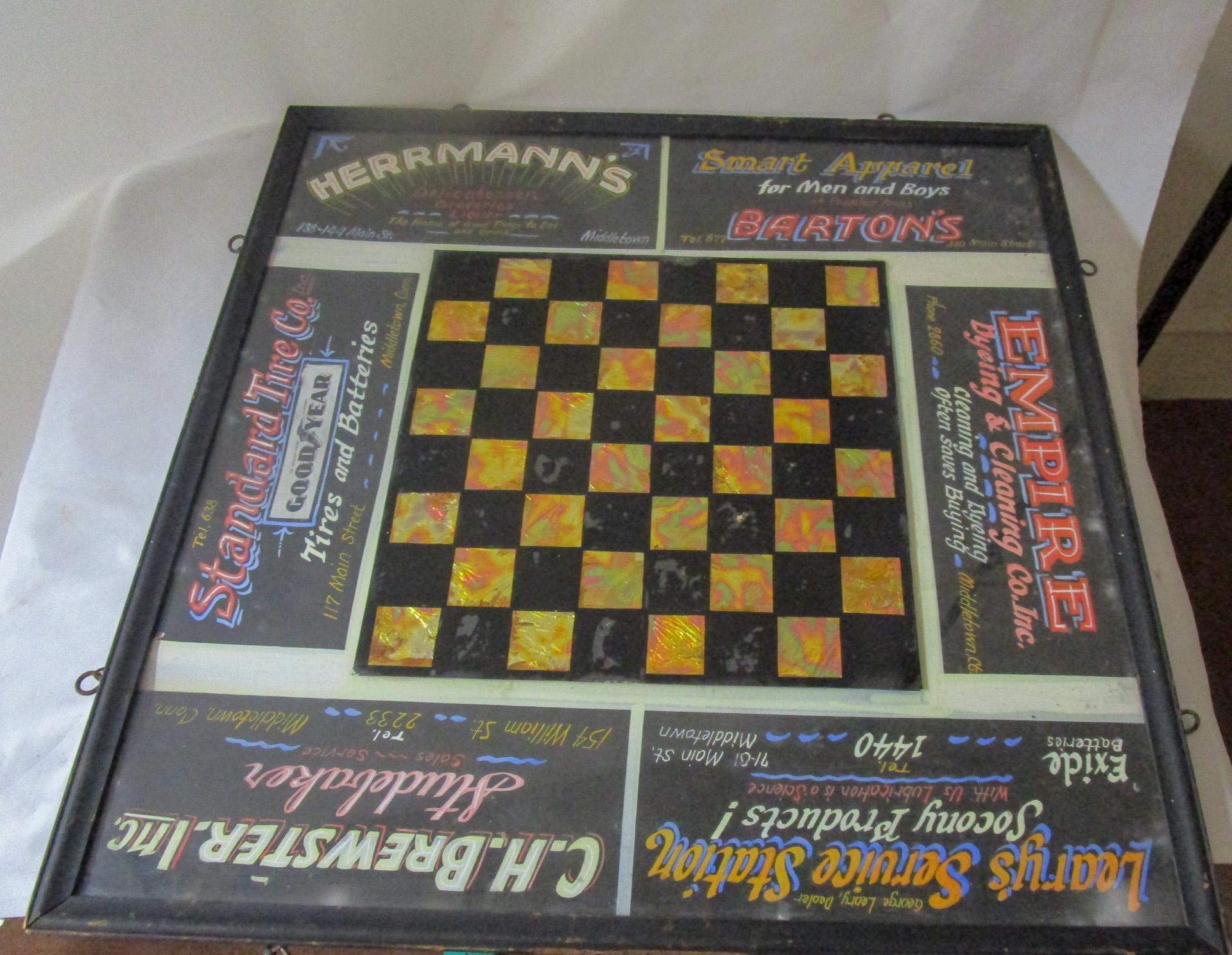 Folk Art 1920s  Églomisé Checker Board with Advertising Surround From Middletown CT. For Sale