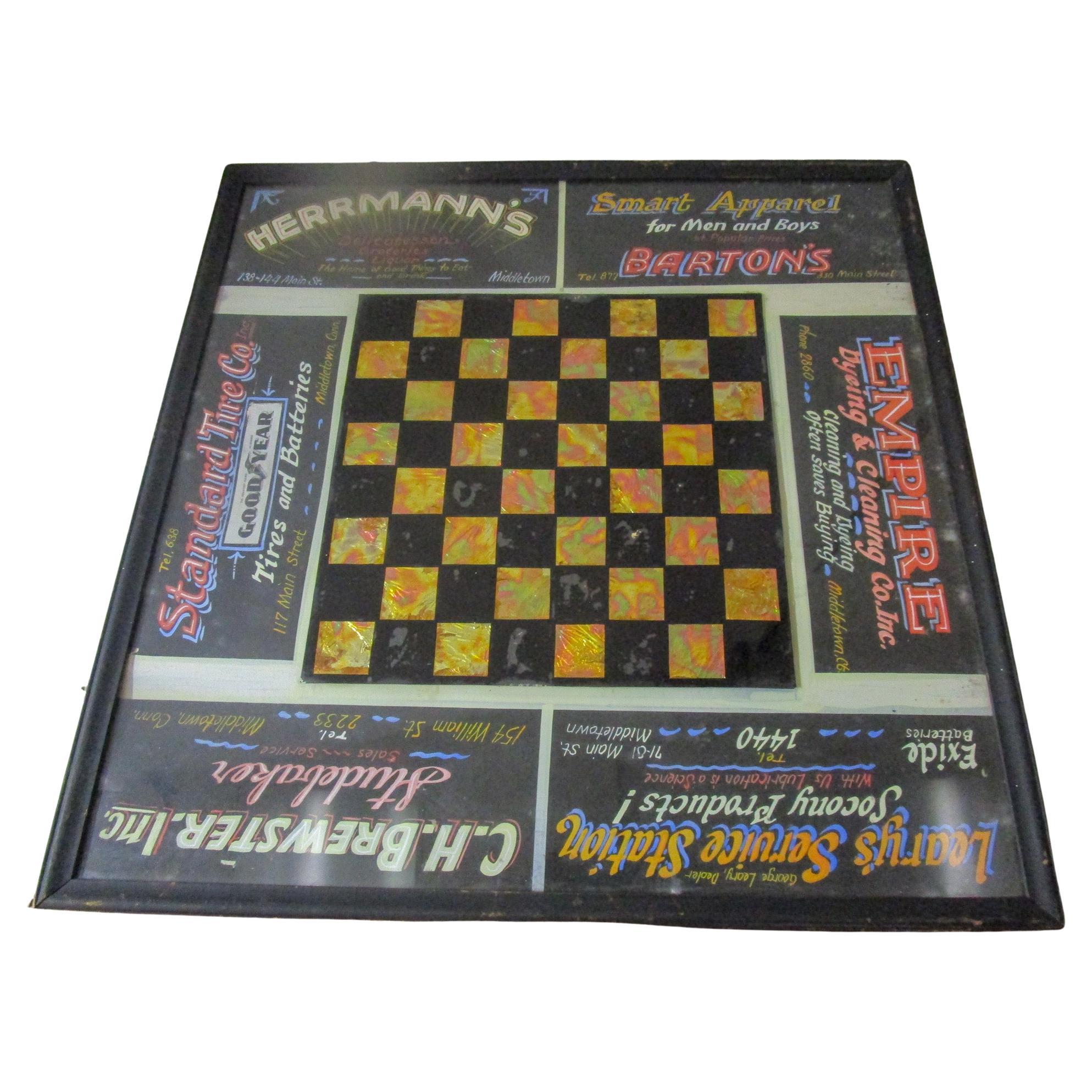 1920s  Églomisé Checker Board with Advertising Surround From Middletown CT. For Sale