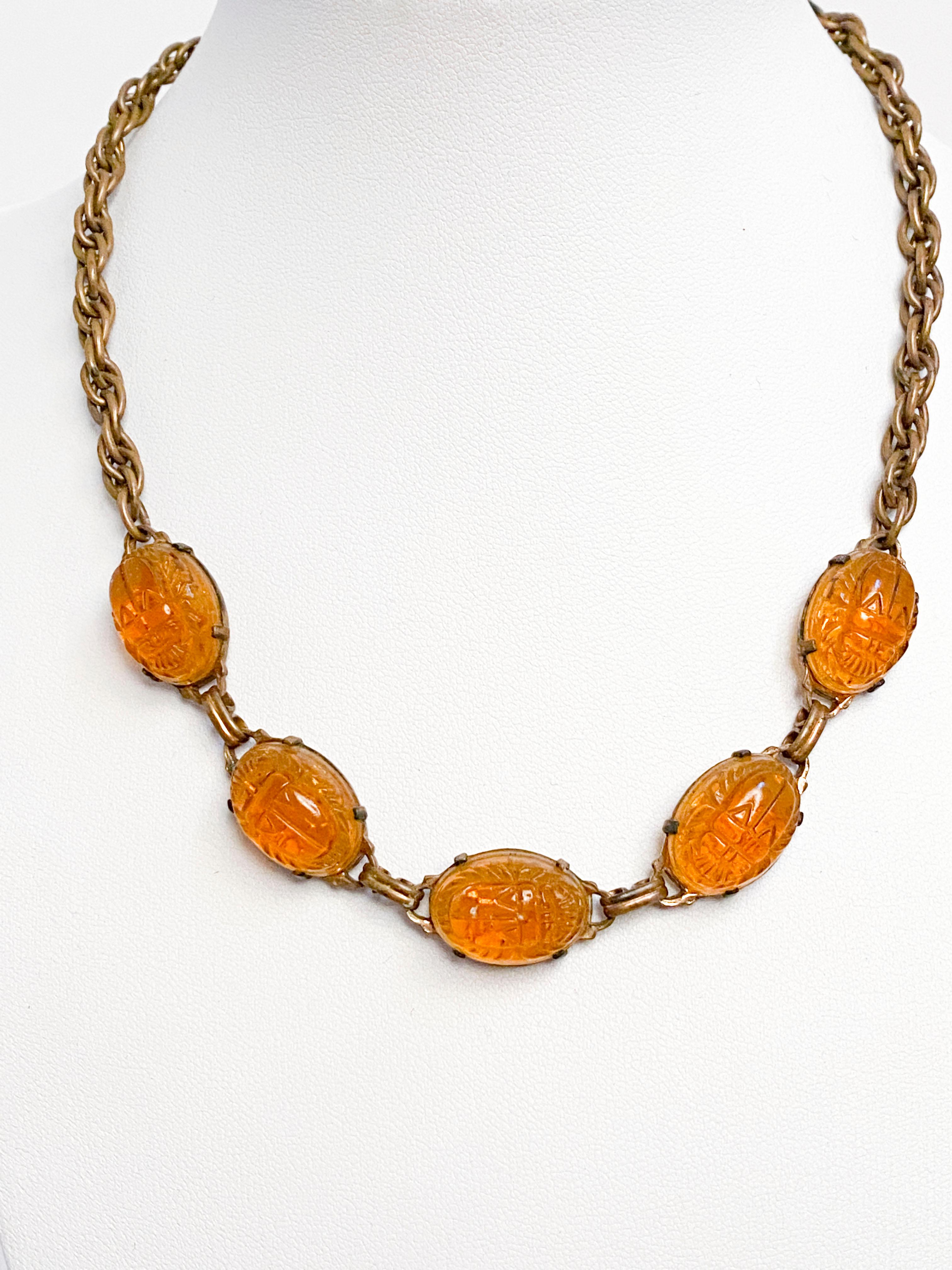 Art Deco 1920s Egyptian Revival Art Glass Scarab Necklace