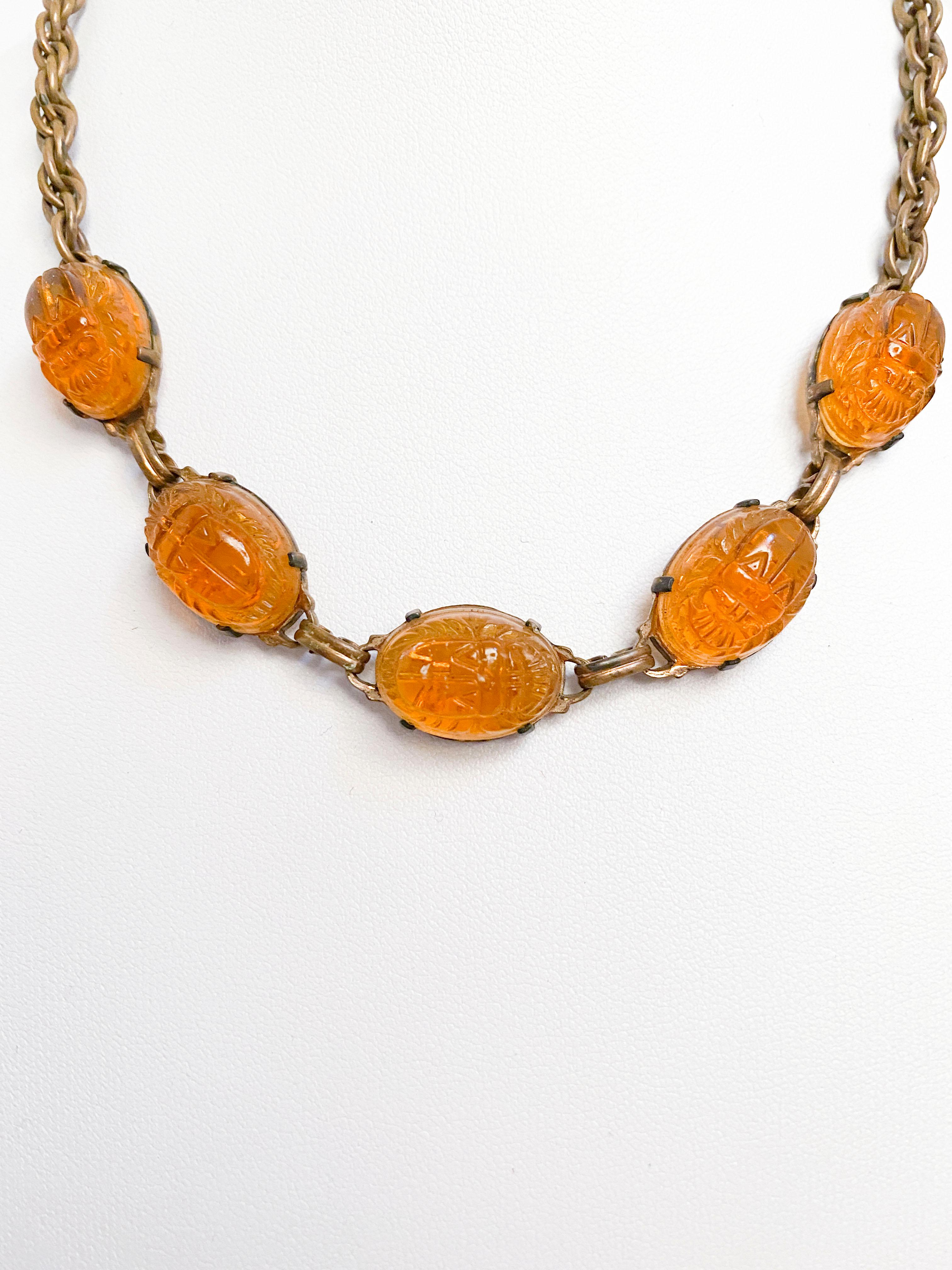 1920s Egyptian Revival Art Glass Scarab Necklace In Good Condition In San Francisco, CA