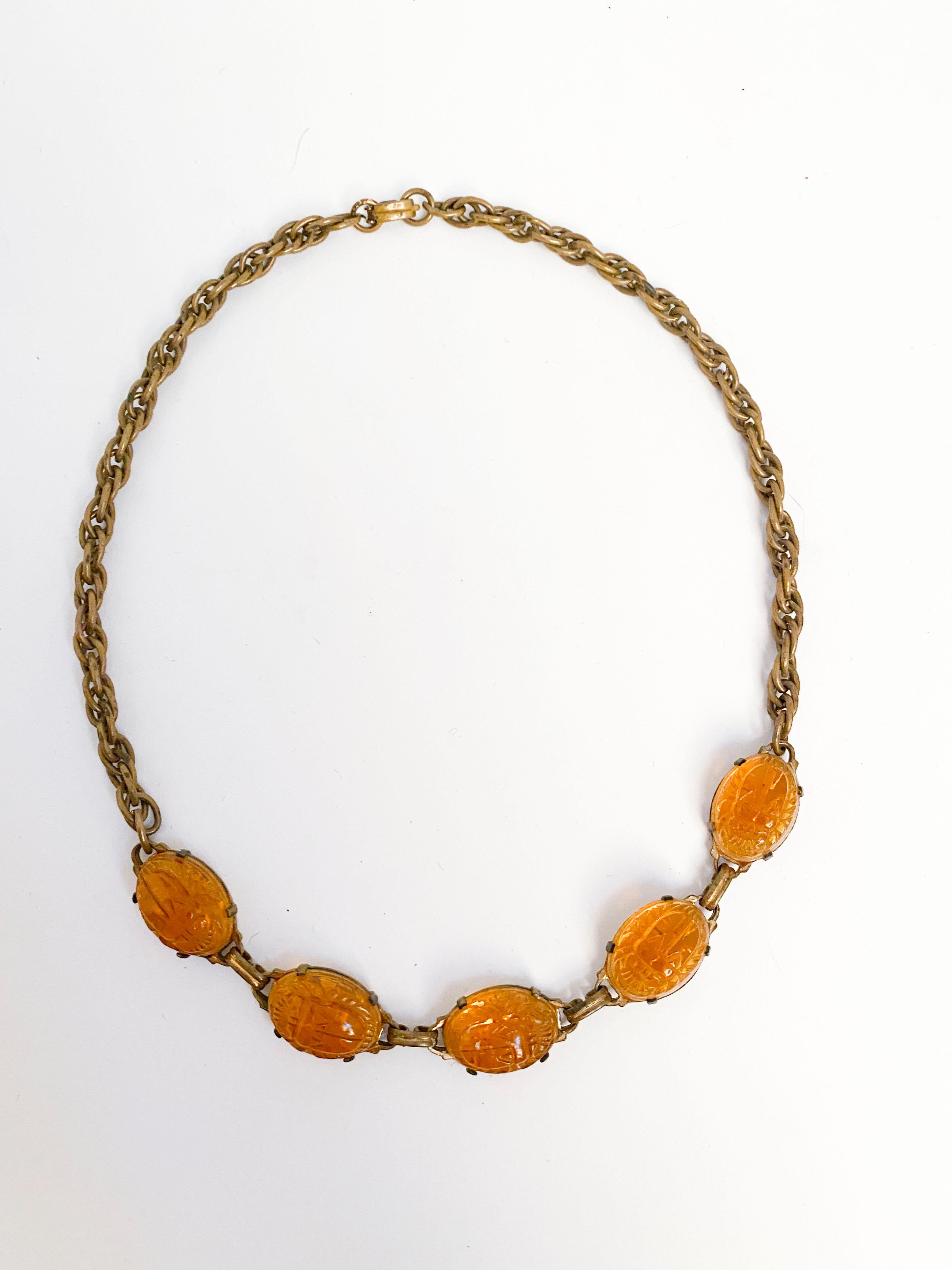 Women's or Men's 1920s Egyptian Revival Art Glass Scarab Necklace