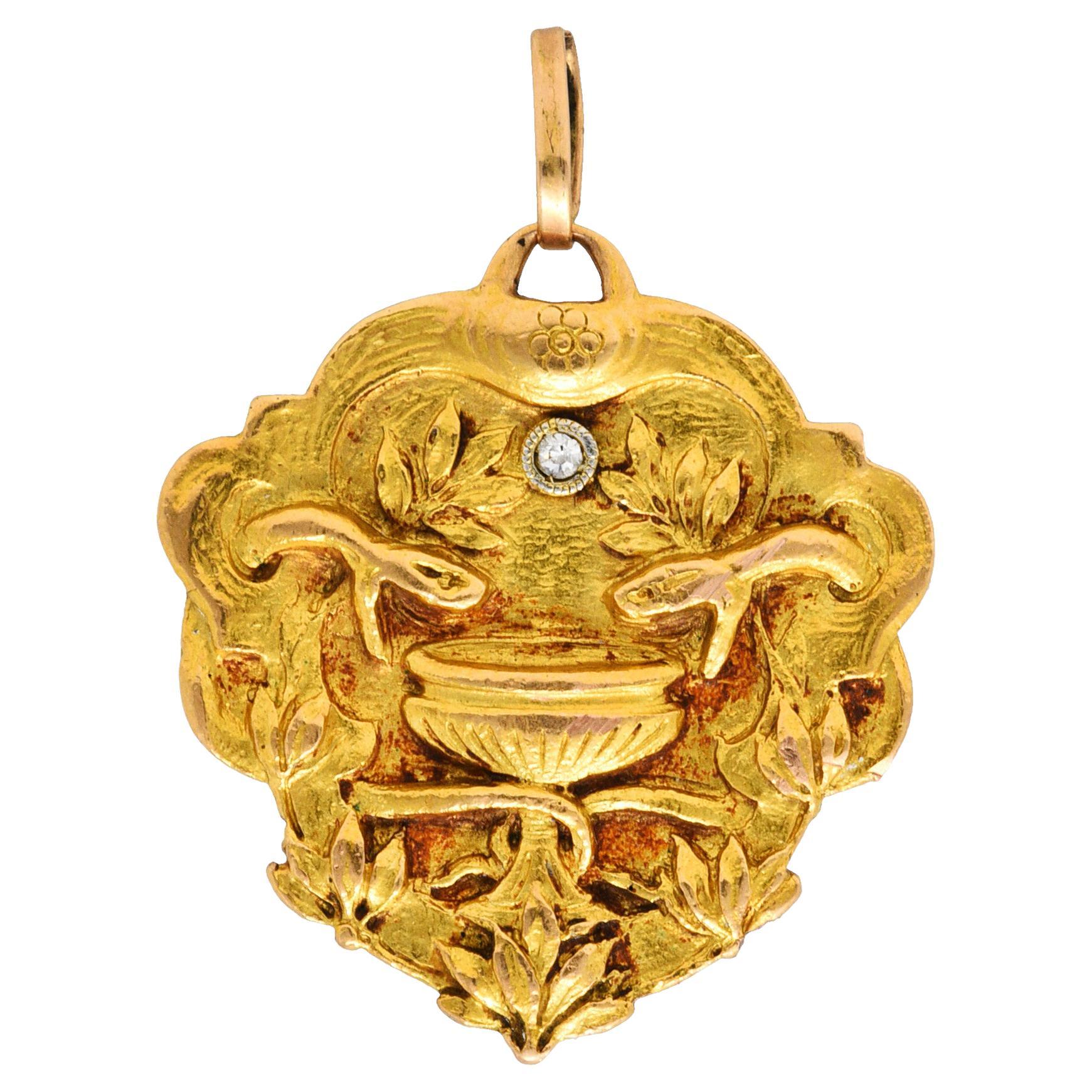 1920's Egyptian Revival Diamond 18 Karat Two-Tone Gold Cleopatra Snake Pendant