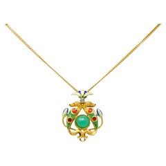 1920's Egyptian Revival Diamond Enamel 14 Karat Gold Serpent Pendant Necklace